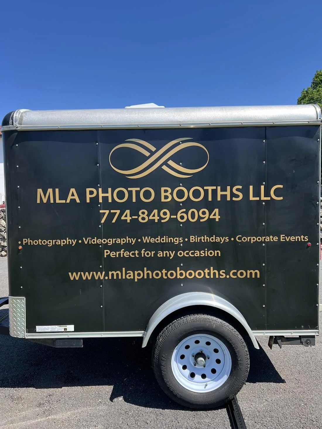 Enclosed Trailer complete for MLA Photo Booths with Premium Cast Gold Metallic Vinyl Lettering!
