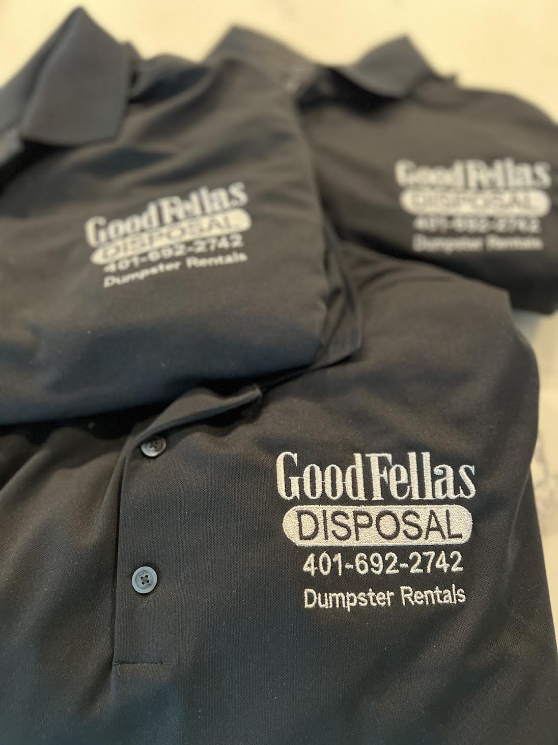 Custom Apparel - Embroidery logo on front crest, full back printed for GoodFellas Disposal!