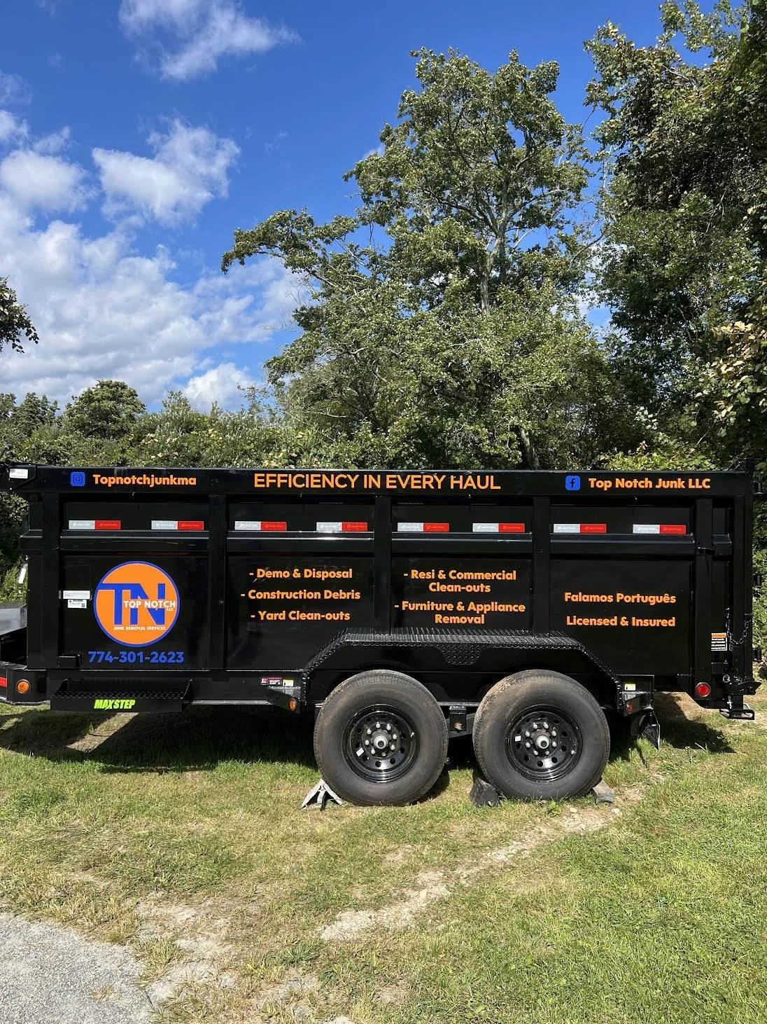 Top Notch Junk Removal Branded right!!  Beautiful Lettering set up on their new Dump Trailer with 2 different High Performance Vinyl Colors.