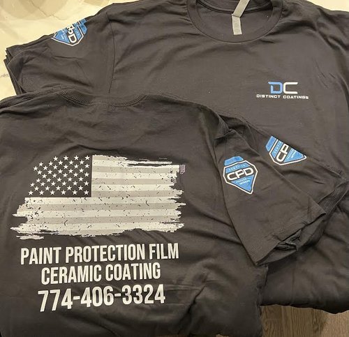 Custom Apparel; Loved this display we created. Front Chest, Sleeve, and Custom designed Back!!