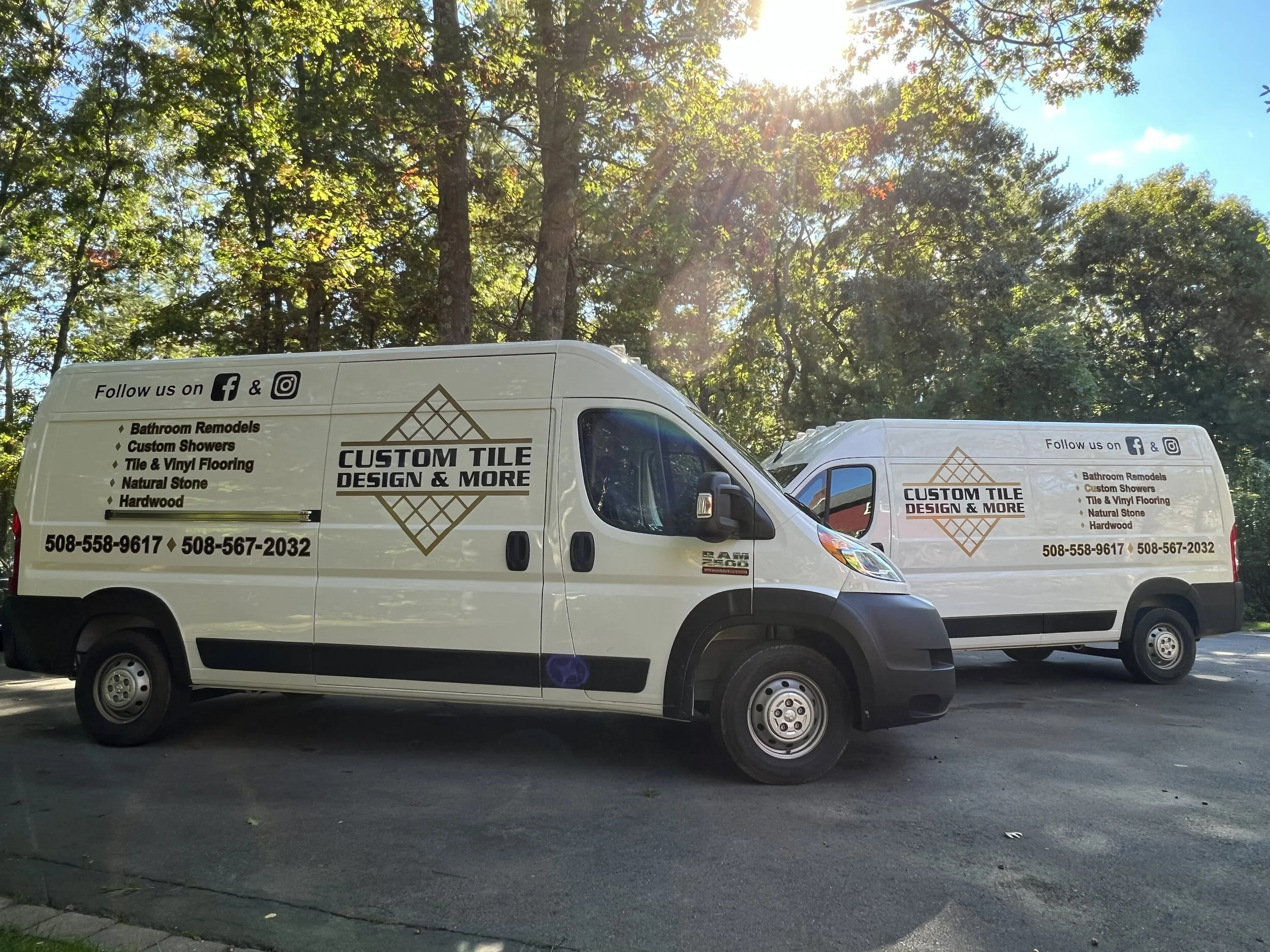 2 Vans, Double Sided and Rear full of High Performance Vinyl for Custom Tile Design & More!  Black Lettering with a Gold drop Shadow!