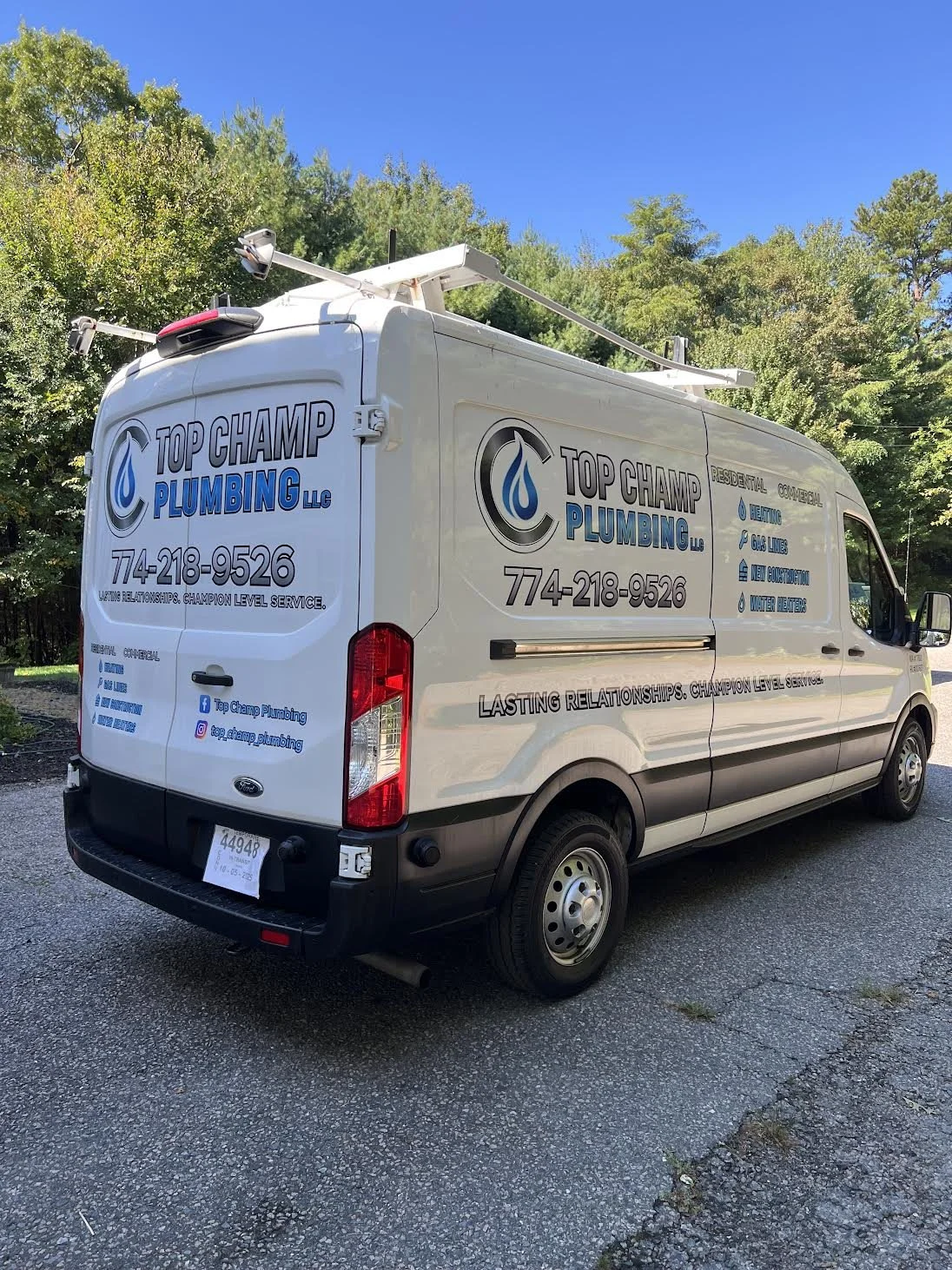 Double Sided & Rear Van Branded For Top Champ Plumbing.  Complete with 3M Digitally Printed & Laminated Graphics.