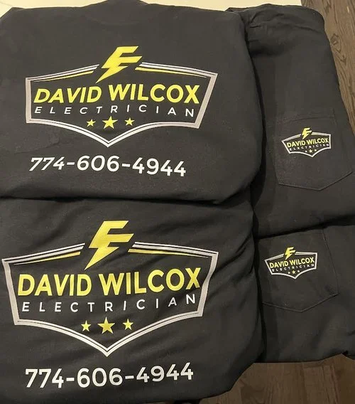 Custom Apparel for David Wilcox Electrician. Front and back T Shirts, Hoodies and more!!
