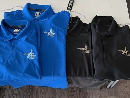 Custom Apparel! Westport Federal Credit Union! 2 Colors Front and Back on Blue and Black Golf Polos!