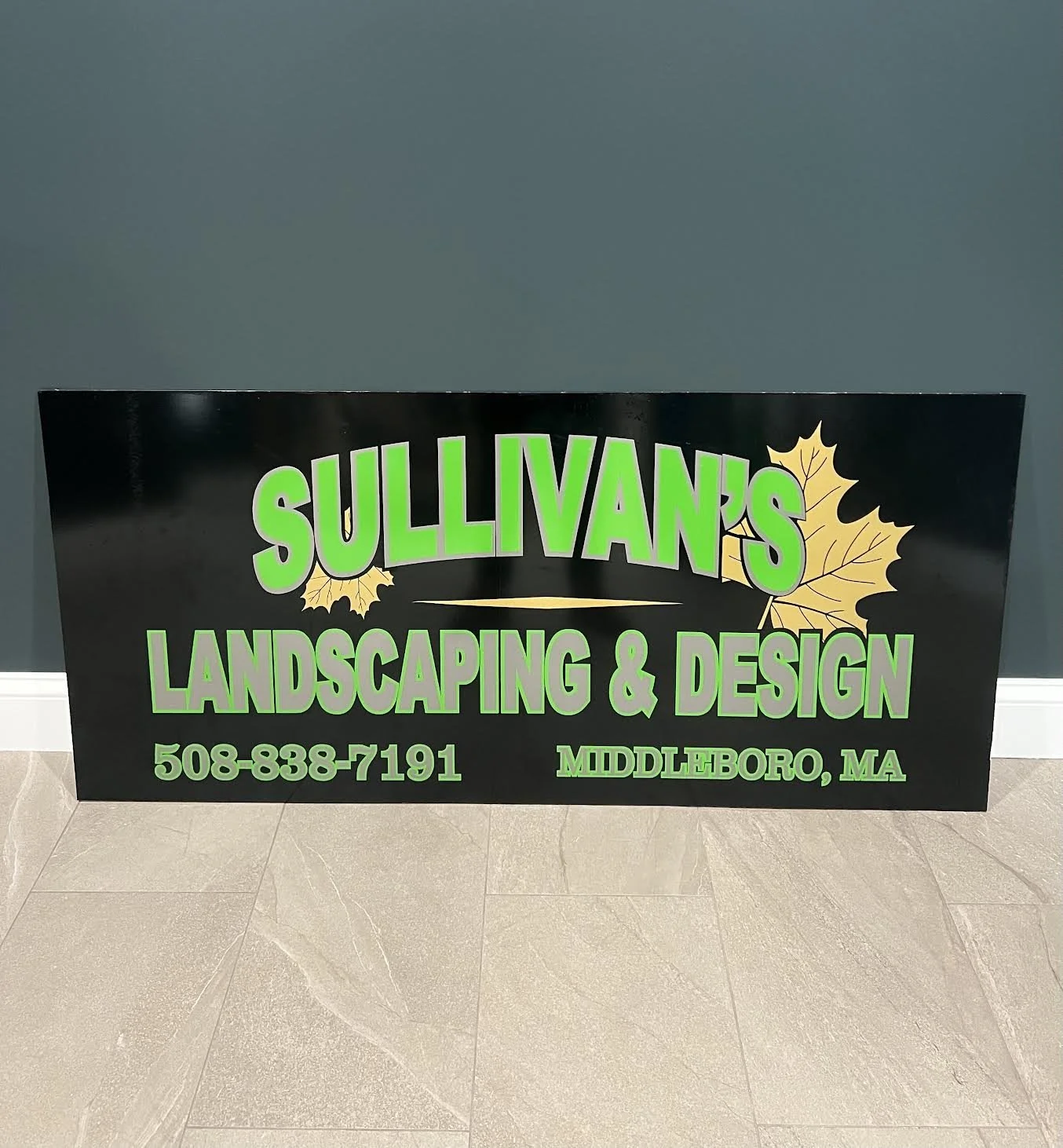 Colorful 6MM Prefinished Blakc Panel Complete for Sullivans Landscape & Design out of Middleboro, MA.  Sign was complete with 2 Premium Metallic Vinyls & High Performance Green.
