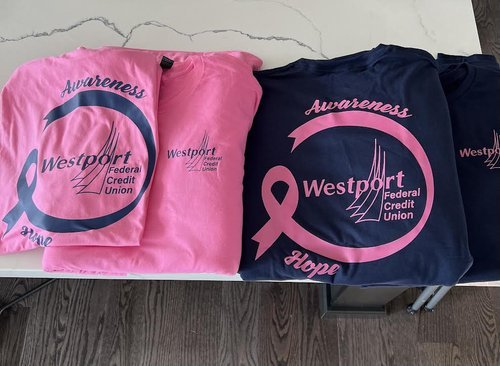 Custom Apparel! Westport Federal Credit Union! 2 Colors Variations, Front and Back on Pink and Navy T Shirts!