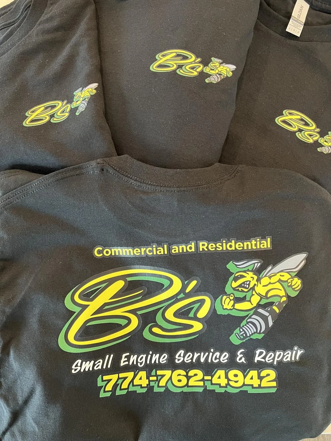 Some Printed Logos for B'S Small Engine Service & Repairs.  Beautiful color pop on black apparel!