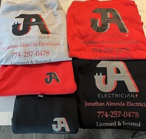 Custom Apparel! Johnny Almeida Electrician! 3 Color Variations; Front and Back on Red, Sports Grey and Black Shirts!