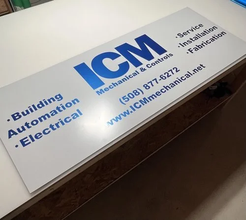 Amazing looking building sign panel for ICM, using their company primary color, blue metallic.