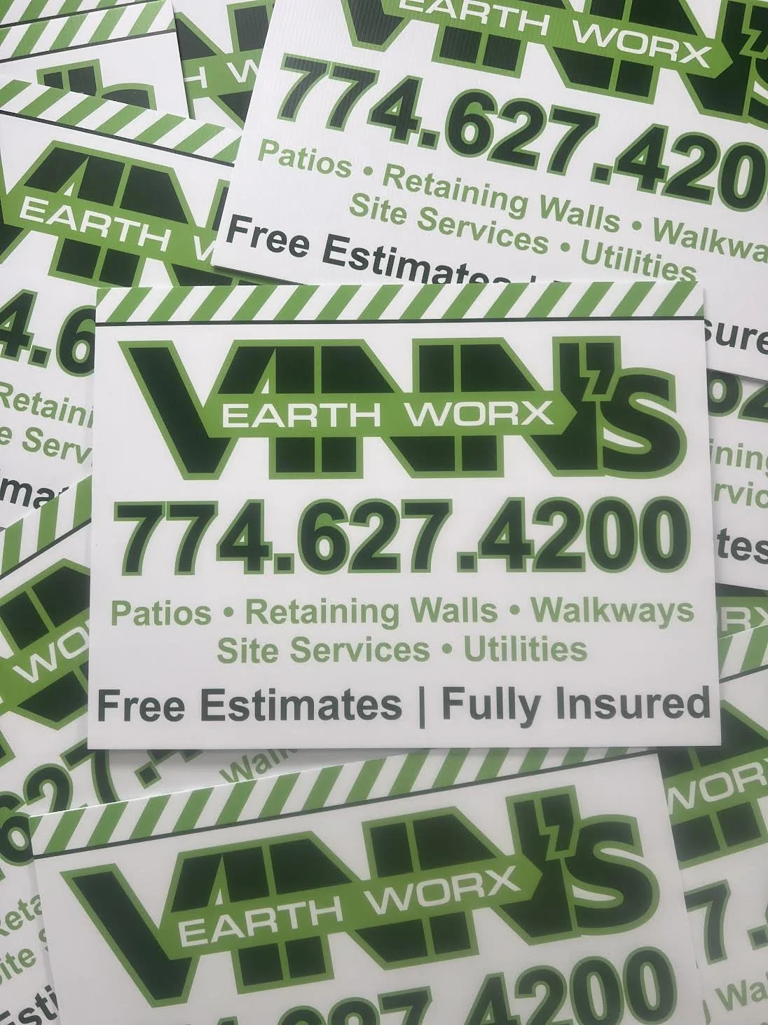 Double Sided Site Signs for Vinn's Earthworx located out of Dighton, MA