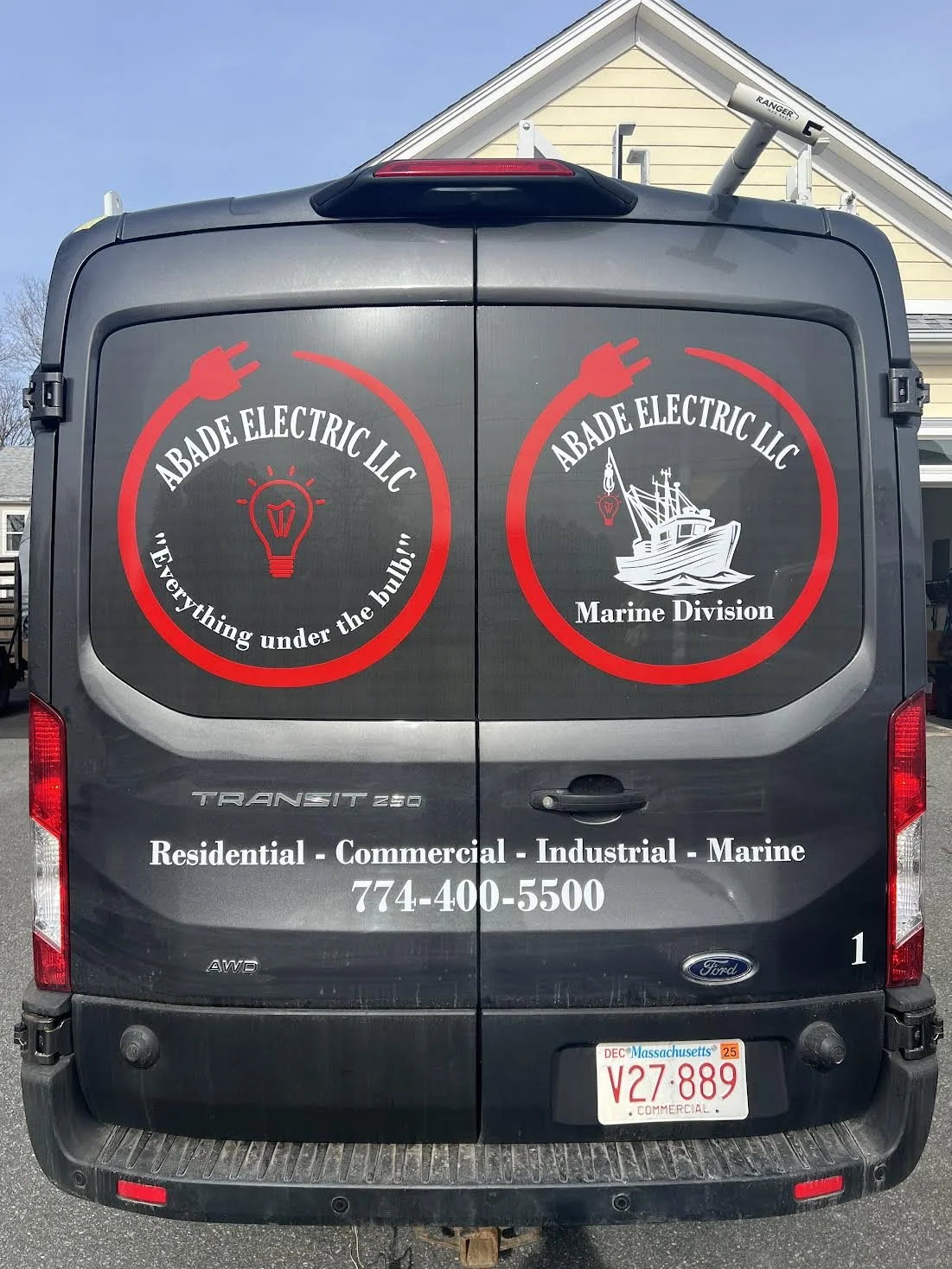 Custom Printed Privacy Perforated Vinyl to Match the color of the new Van added to the fleet for Abade Electric.  Branded on all 4 Sides!