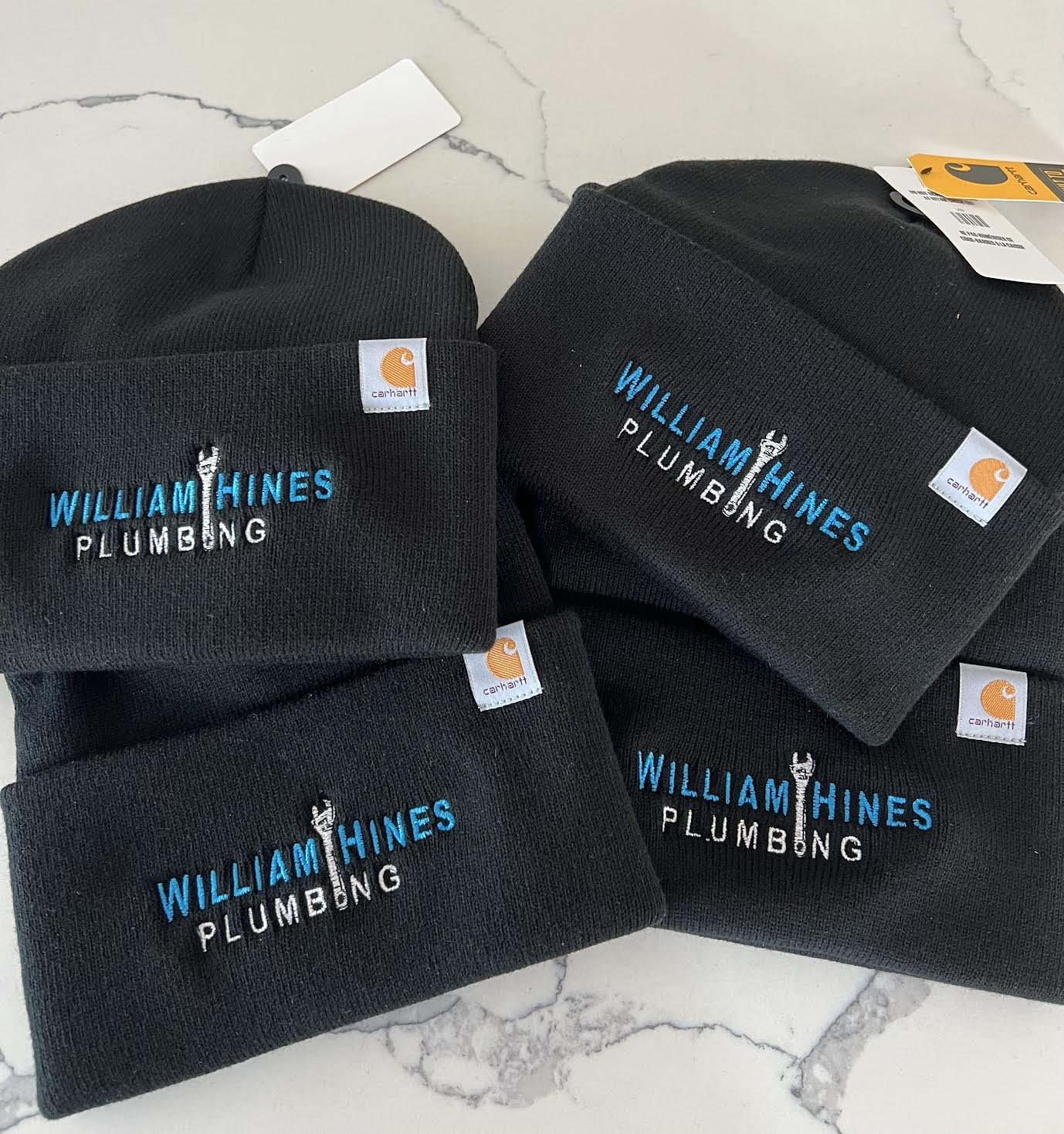 Custom Embroidered Logo for William Hines Plumbing out of Easton, MA.