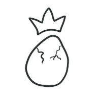 Line drawing of a caricatured face with a crown on top, smiling with closed eyes and blushing cheeks.