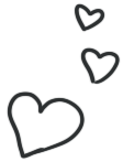 Three hand-drawn hearts with small heart doodles above.