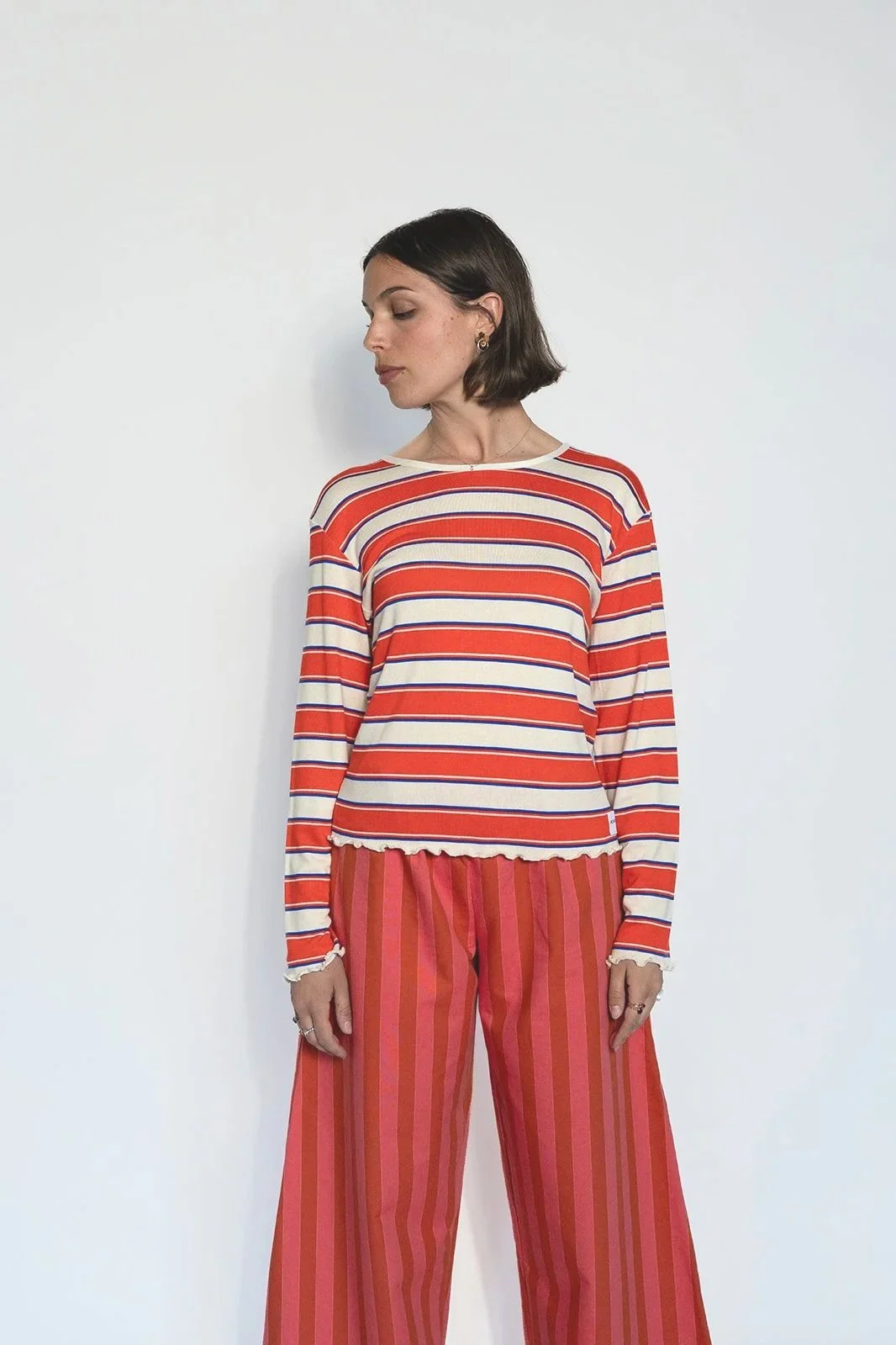 T-shirt Manches Longues Rayé Crème Orange Bleu
