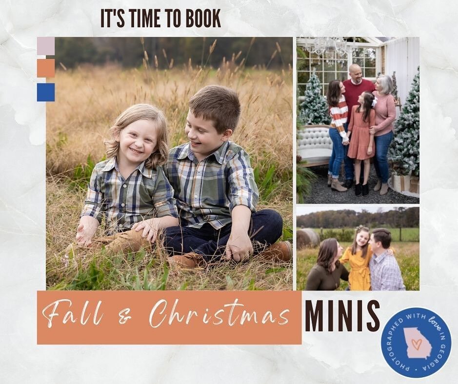 It's my favorite time of year!
Booking site is now live - please let me know if you have questions about any of the sessions! 

There are limited SANTA sessions, so if you want one make sure you snag that ASAP! 

https://FALLMINIS.as.me/?appointmentT