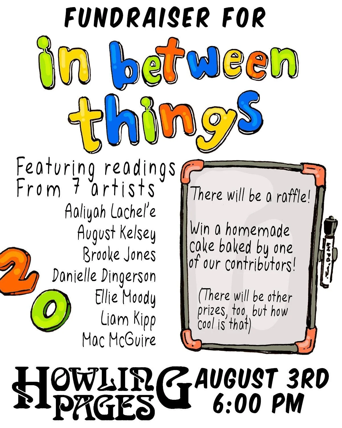 Do you want to see local Chicago comic artists read their work? Do you want a chance to win prizes while also supporting a super cool anthology?? 

Come to the In Between Things fundraiser event at Howling Pages! 

We will be raffling off a cake bake