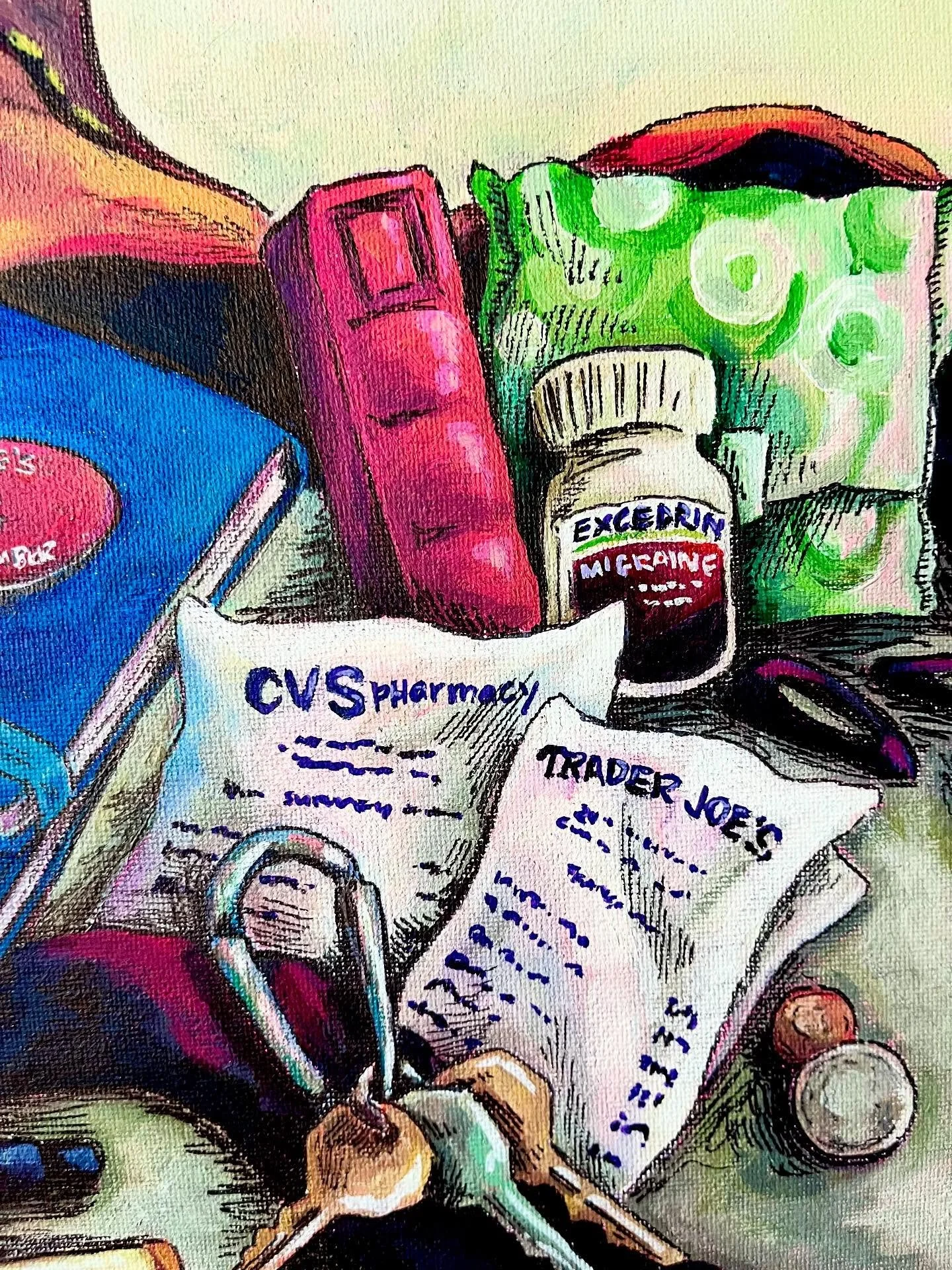 Posting some detail work on a painting I created for @herartistcollective !! Their upcoming show returns to the theme of girlhood, I decided to explore that via a &lsquo;what&rsquo;s in my bag&rsquo; painting:)

I carried this bag for many years and 