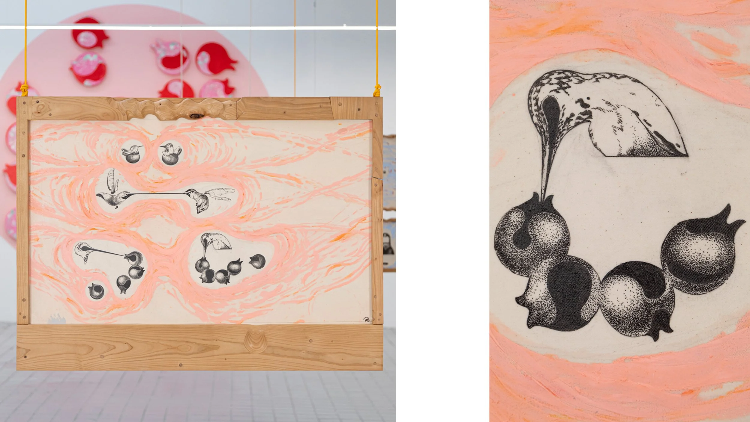 Hollow Bones 1, 2025. canvas, wild cherry wood, oil sticks, ink., 85 x 114 x 4.5 cm