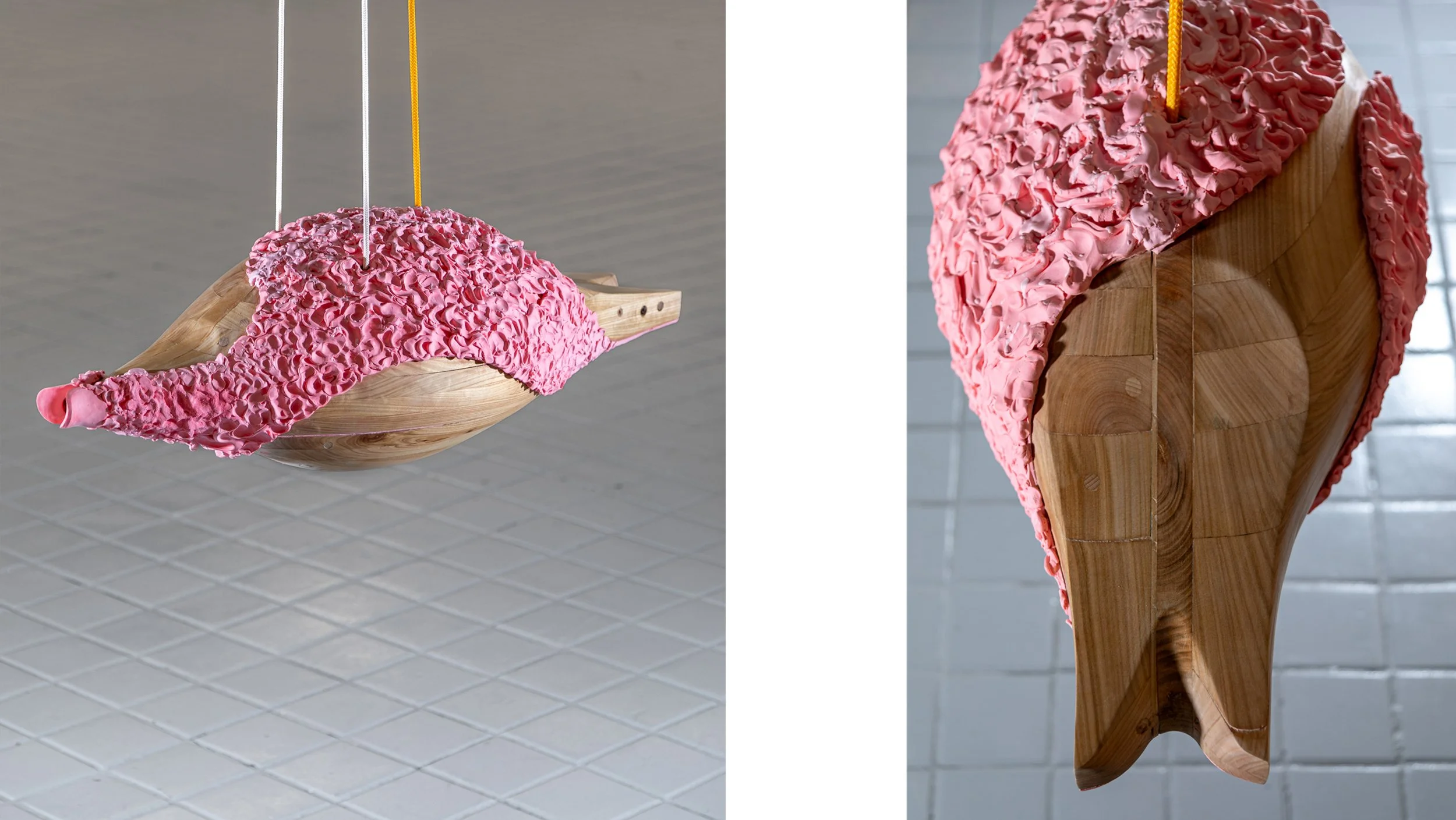 Regulus Regulus, 2025, wild cherry wood, liquid ceramics and pigment., 30 x 38 x 92 cm 