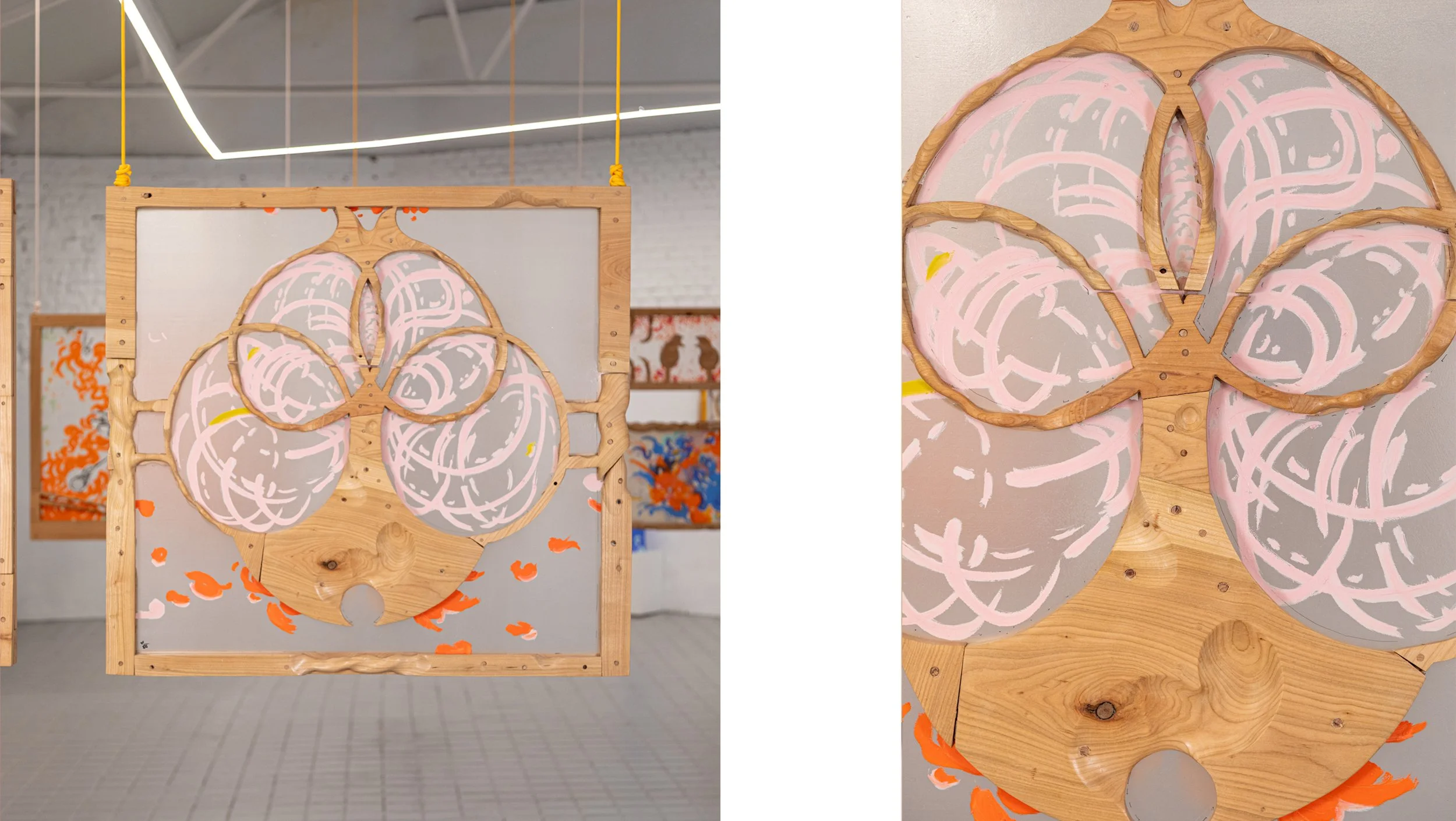 Hollow Bones 9, 2025 Silk, wild cherry wood, oil sticks, ink., 85 x 92 x 4.5 cm