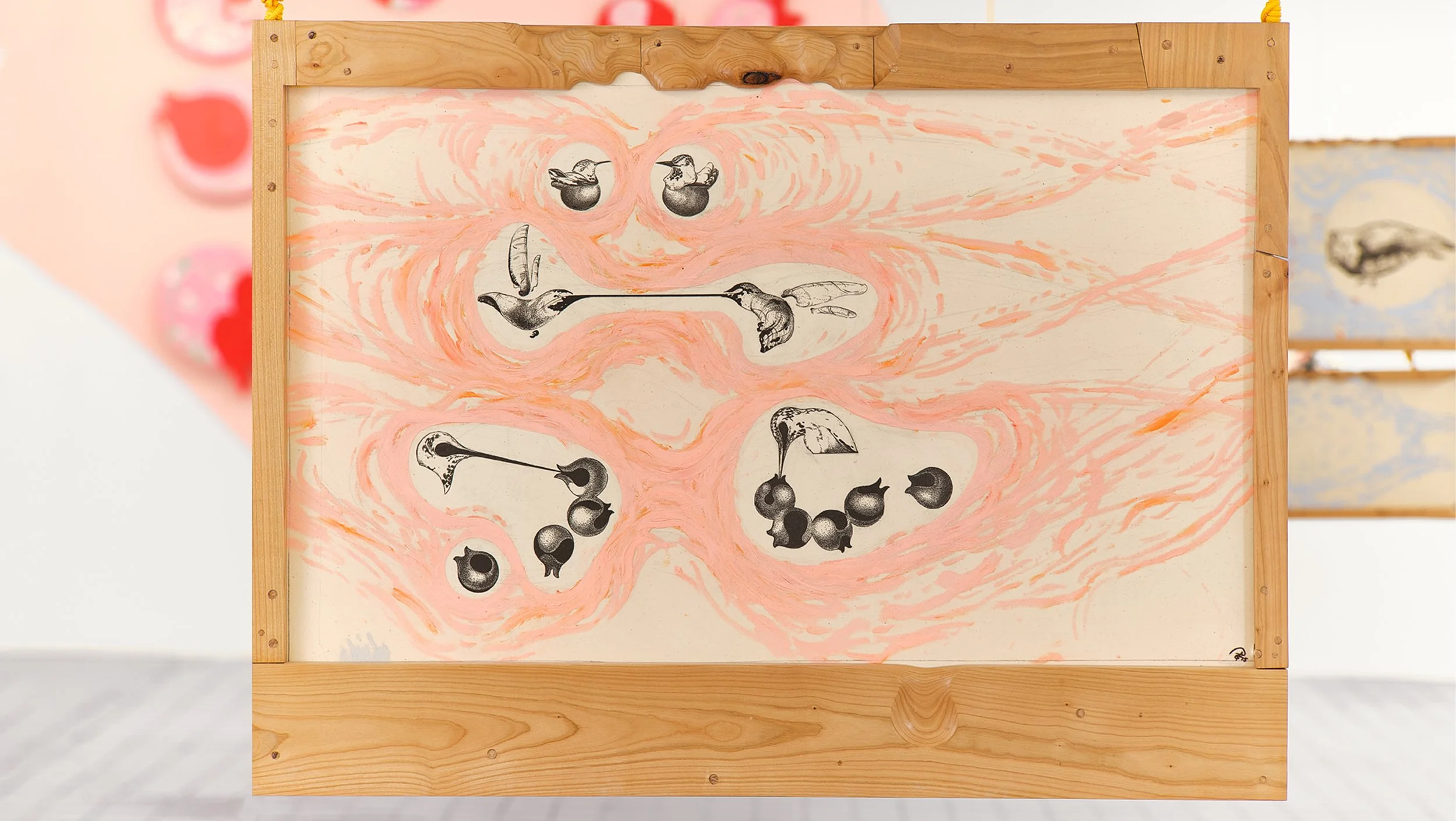 Hollow Bones 1, 2025. canvas, wild cherry wood, oil sticks, ink., 85 x 114 x 4.5 cm, Fotocredit: Juan Borgognoni