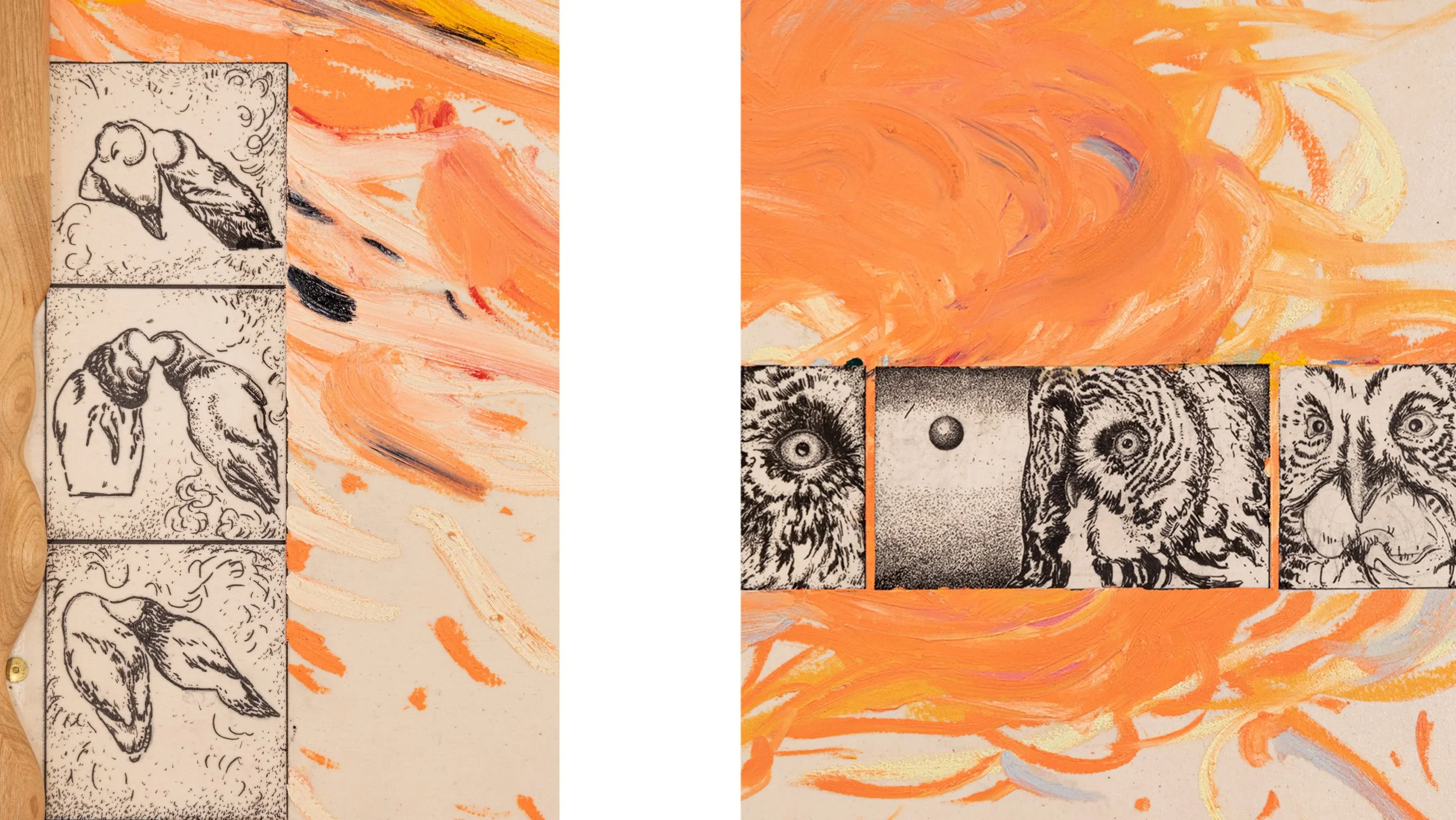 Hollow Bones 10, 2025, Canvas, wild cherry wood, oil sticks, ink., 85 x 130 x 4.5 cm