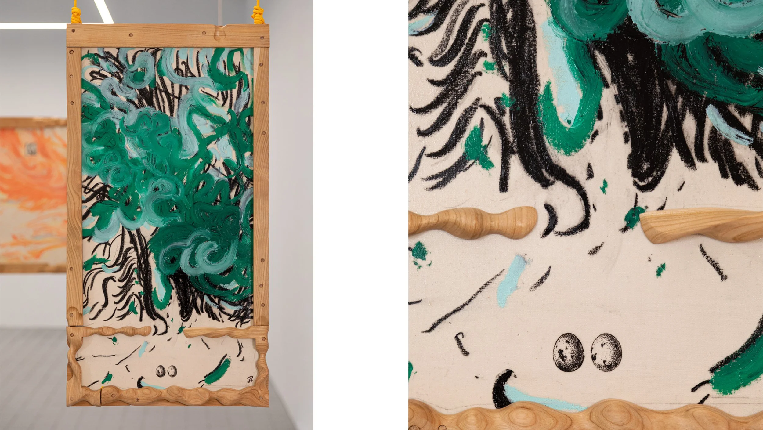 Hollow Bones 6, 2025, Canvas, wild cherry wood, oil sticks, ink., 85 x 45 x 4.5 cm