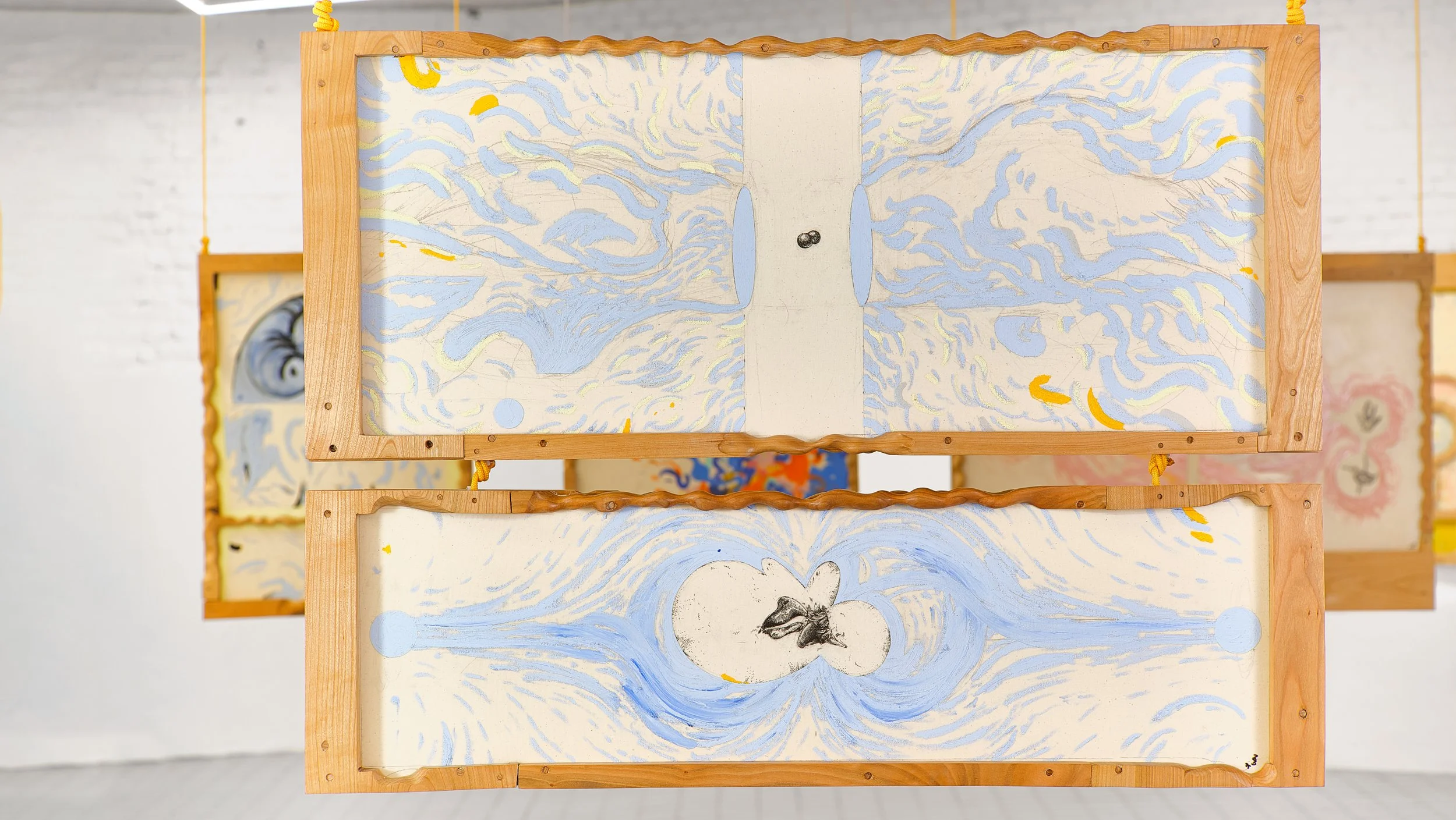 Hollow Bones 8, 2025, Canvas, wild cherry wood, oil sticks, ink., 84 x 112 x 4.5 cm, Fotocredit: Juan Borgognoni