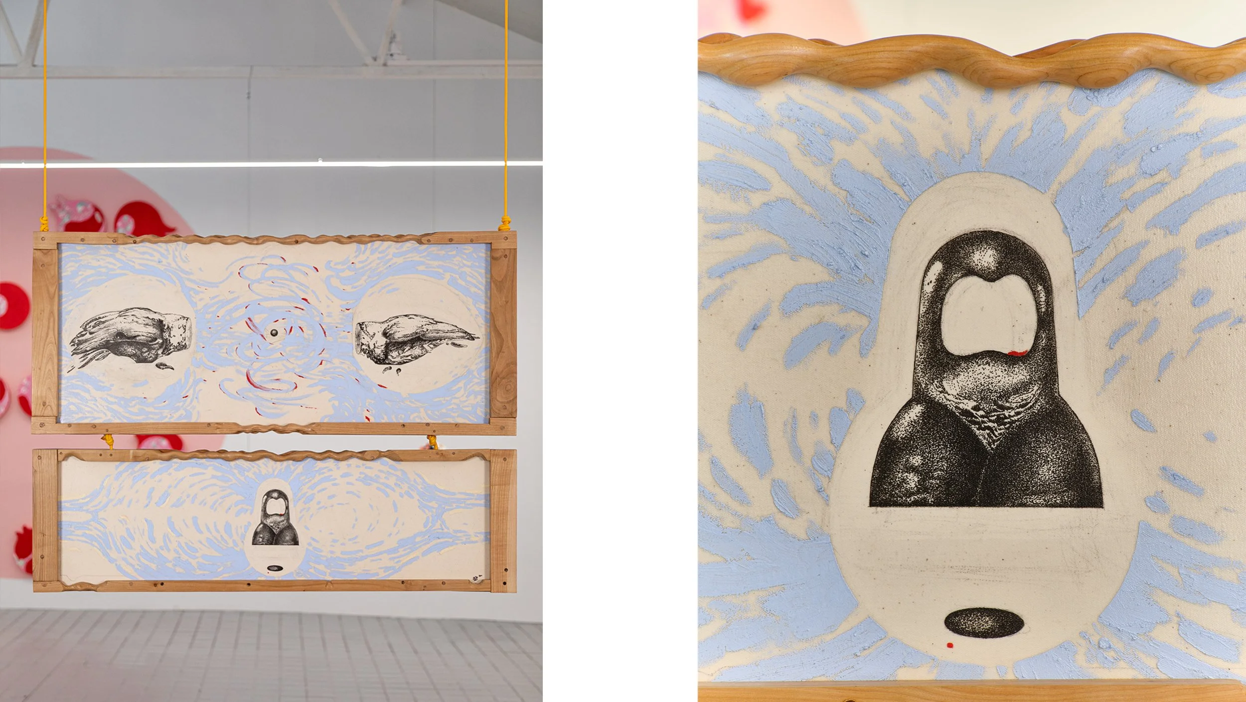 Hollow Bones 8, 2025, Canvas, wild cherry wood, oil sticks, ink., 84 x 112 x 4.5 cm