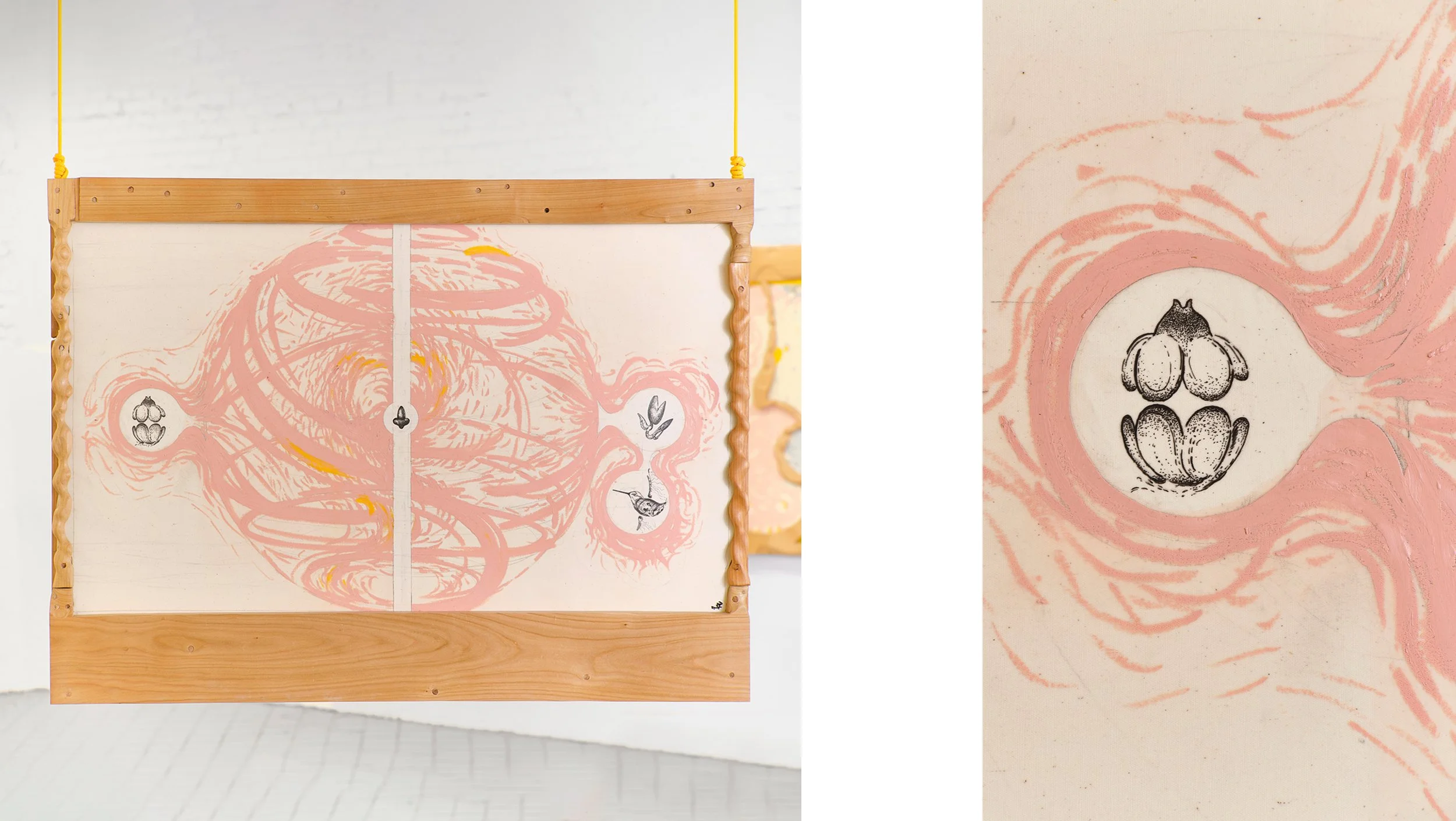 Hollow Bones 1, 2025. canvas, wild cherry wood, oil sticks, ink., 85 x 114 x 4.5 cm, Fotocredit: Juan Borgognoni