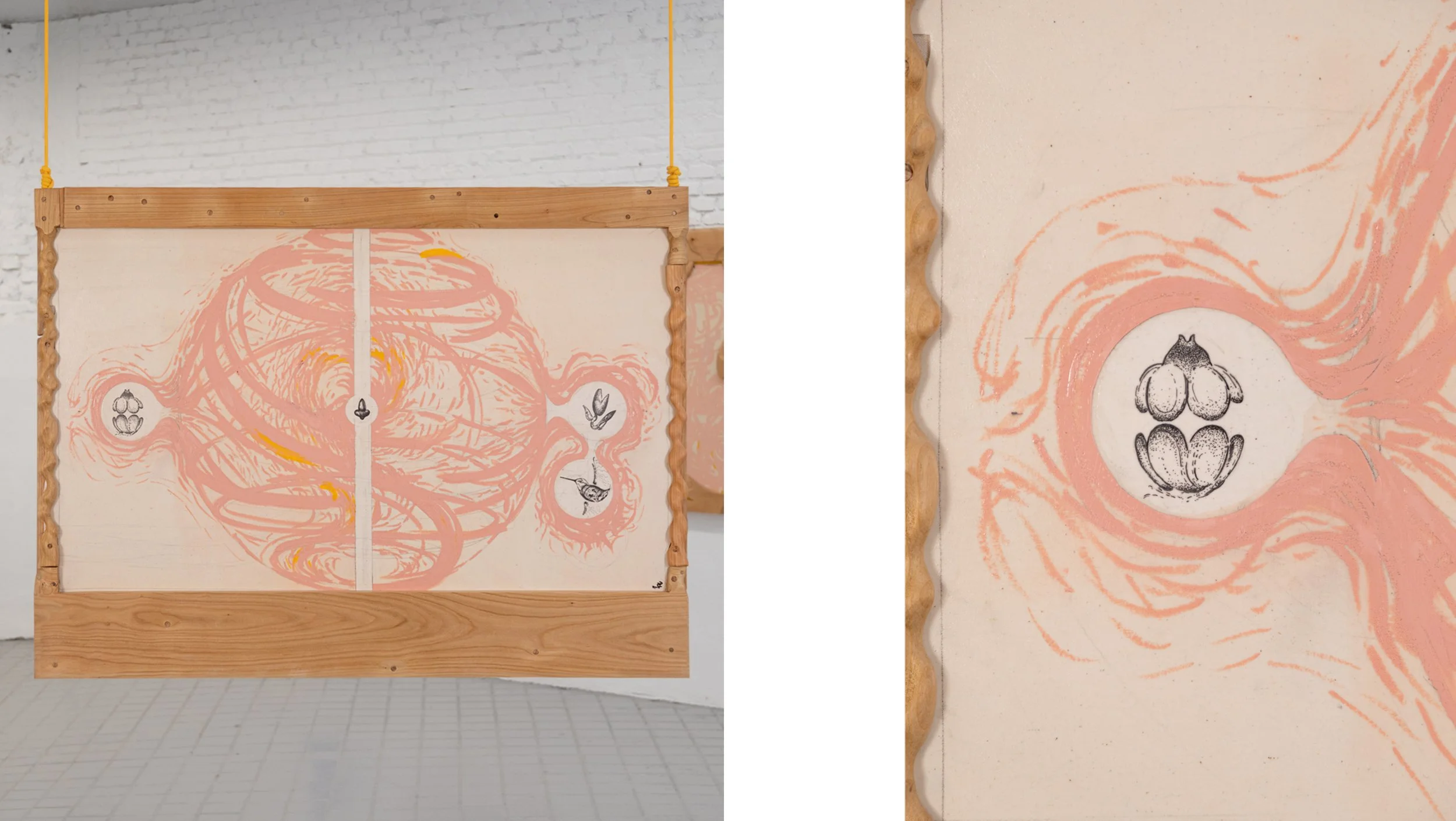 Hollow Bones 1, 2025. canvas, wild cherry wood, oil sticks, ink., 85 x 114 x 4.5 cm