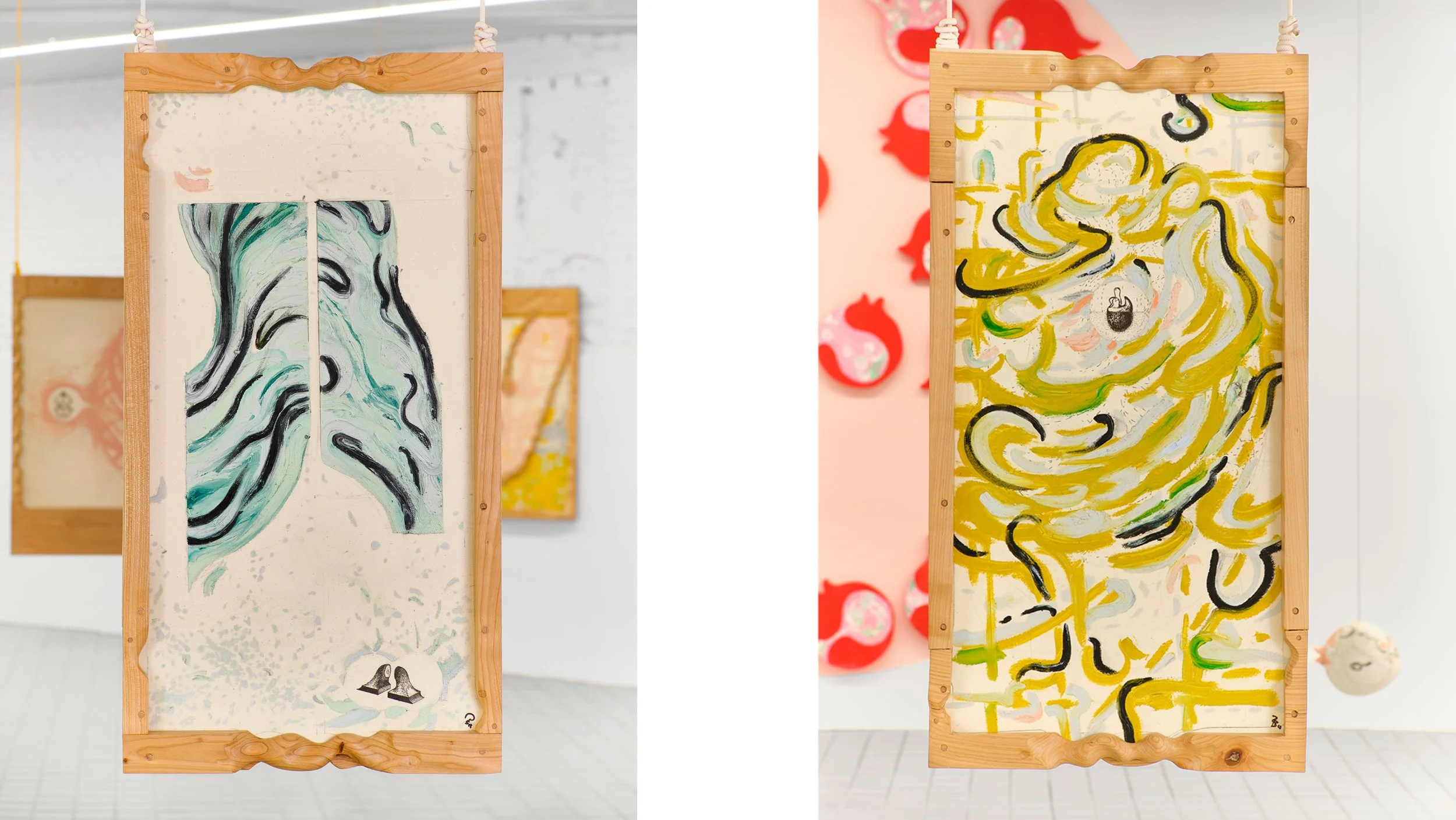 Hollow Bones 7,  (front and back), 2025, canvas, wild cherry wood, oil sticks, ink., 85 x 45 x 4.5 cm, Foto: Borgognoni