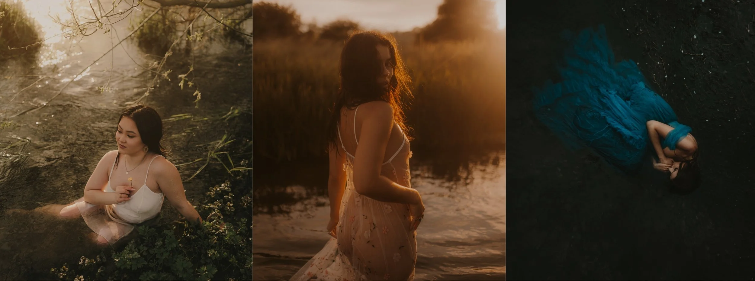 Three women in different settings at sunset or twilight, wearing light-colored dresses, with dark backgrounds, one in a river, another standing by water, and the third lying on dark ground.