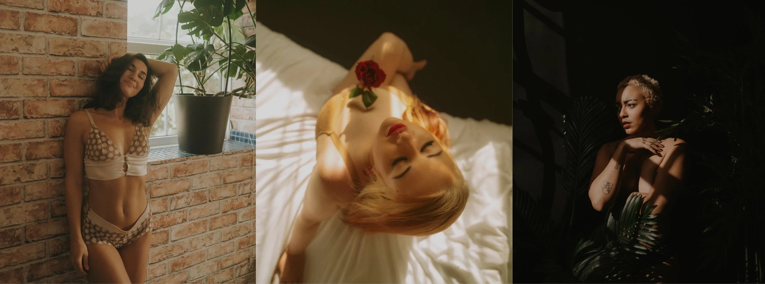 Three women in different settings: one smiling and leaning against a brick wall with a plant nearby, another lying on a bed with a rose on her chest and eyes closed, and the third in a dark room surrounded by plants, with a contemplative expression.