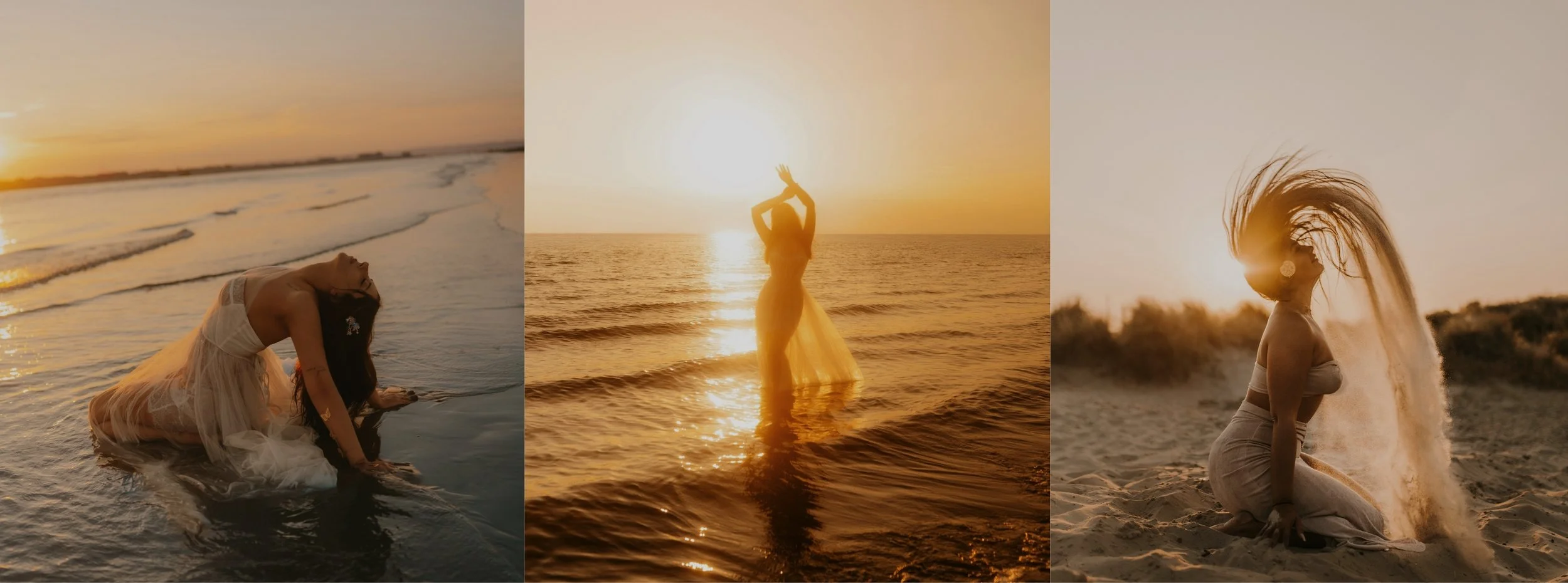 Three women at the beach during sunset, posing and dancing in flowing dresses.