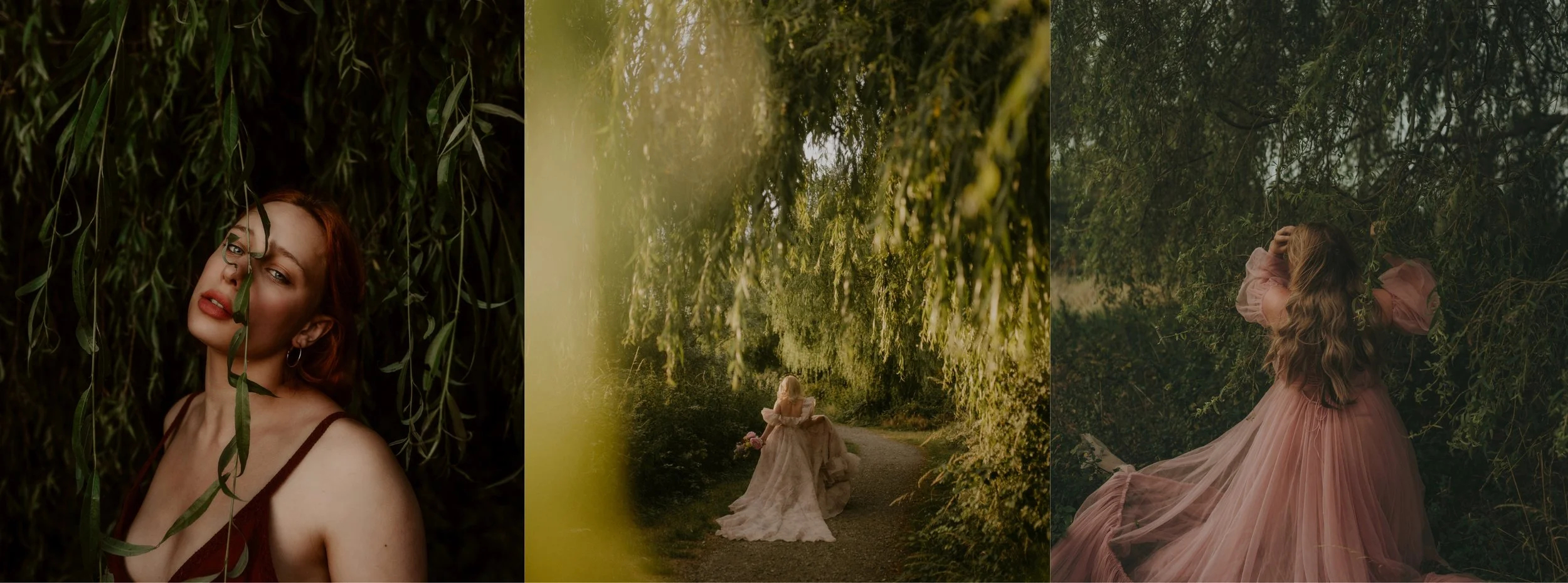 Three women in nature: the first woman with red hair and makeup lying among green leaves, the second woman with blonde hair in a lace dress sitting by a tree holding flowers, and the third woman with long wavy hair in a pink dress standing in a forested area.