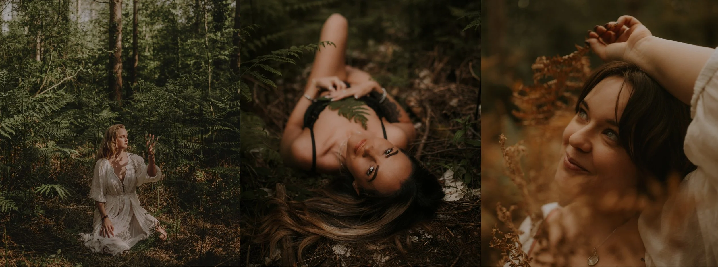 Three women posing in a forest setting; the first woman is sitting on the ground in a white dress, the second woman is lying on the forest floor with leaves on her, and the third woman is lying among autumn leaves, smiling and looking up.
