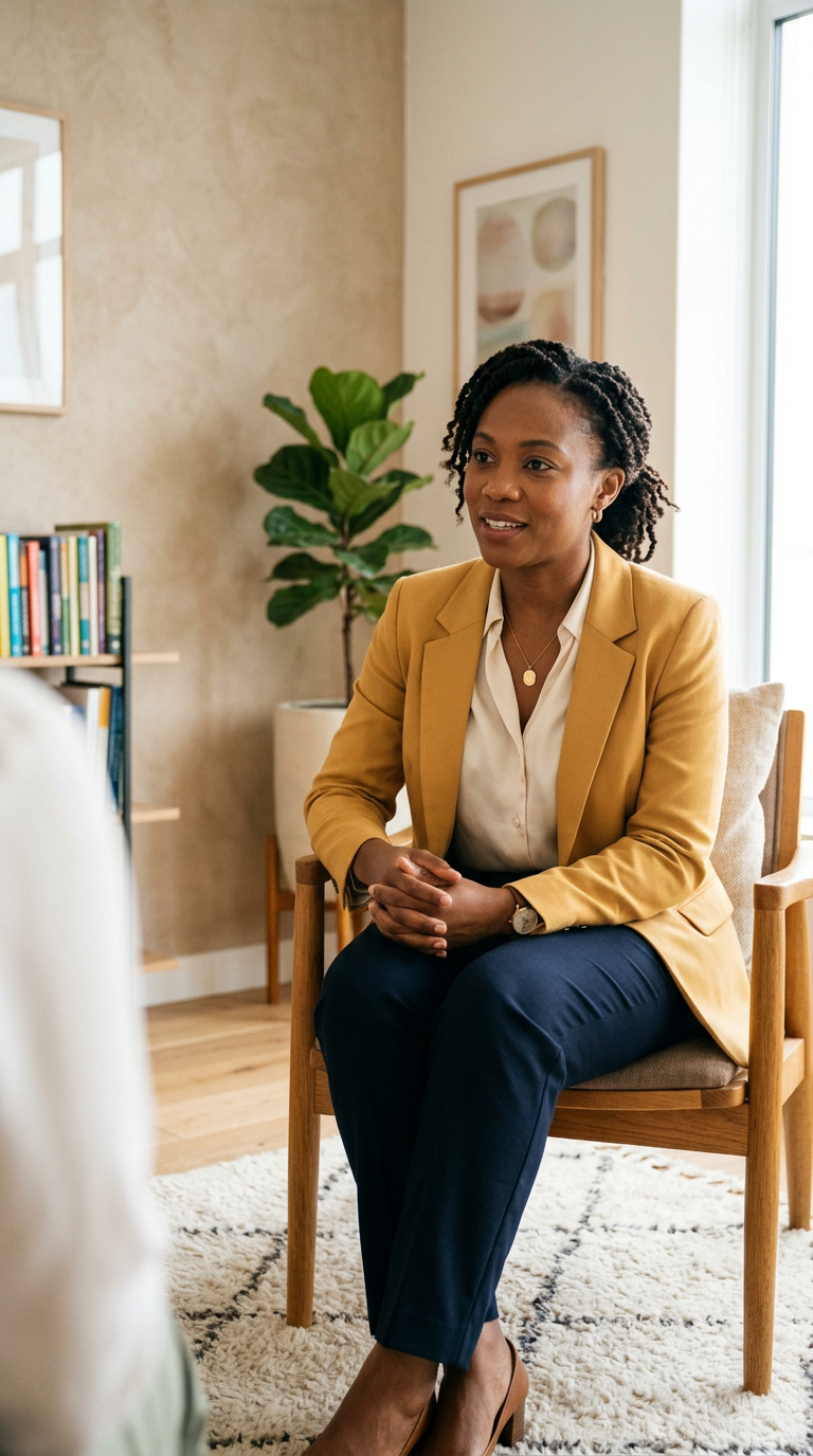 A woman wearing a mustard yellow blazer, white blouse, and navy pants, sitting on a wooden chair in a cozy room, engaged in a conversation.