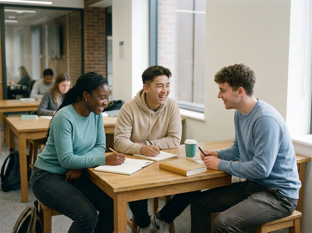 Three young adults sitting at a wooden table in a classroom, smiling and talking, with notebooks and a coffee cup on the table.