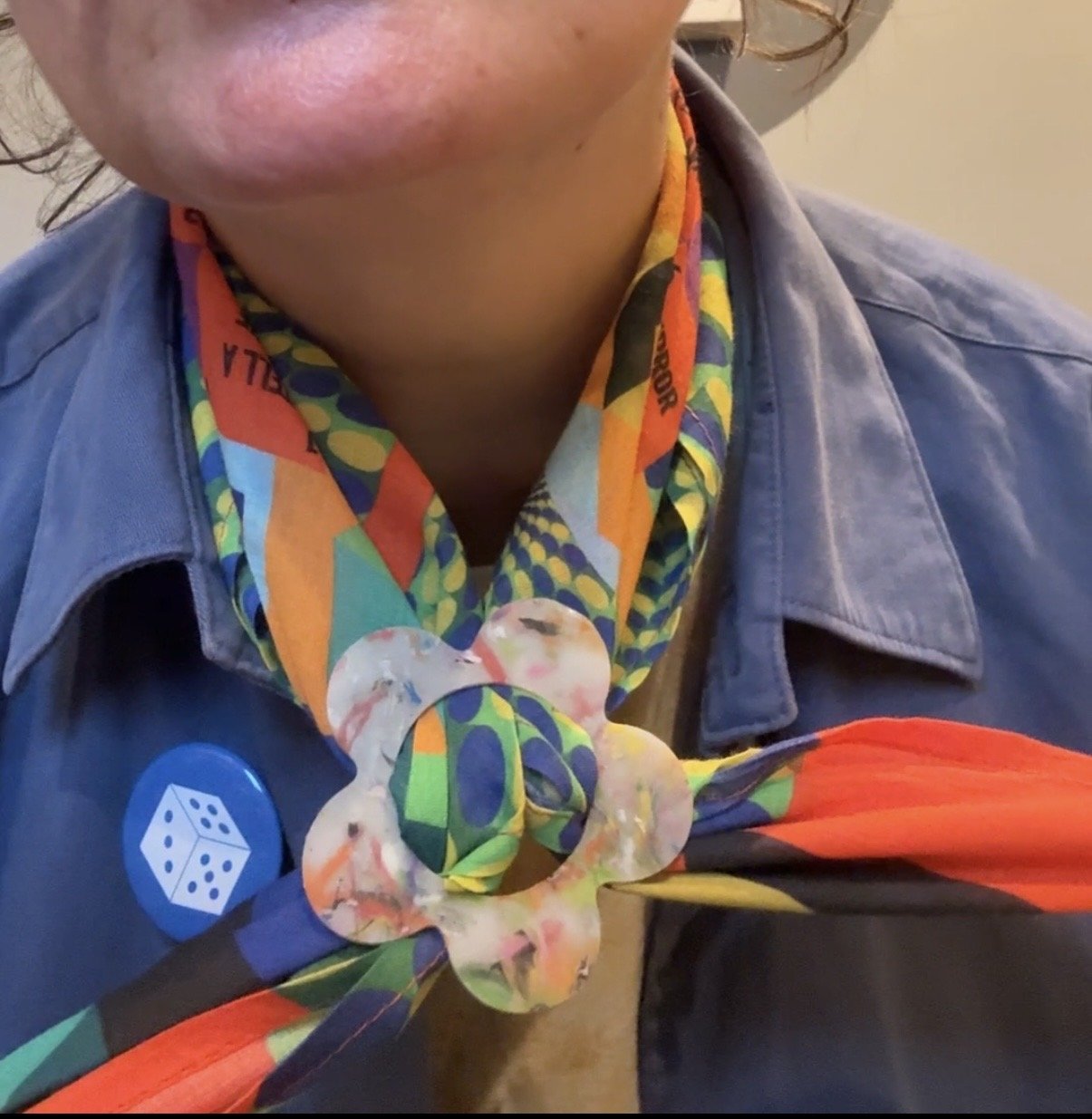 a close up of a person wearing the bandana slide on the never board bandana board game