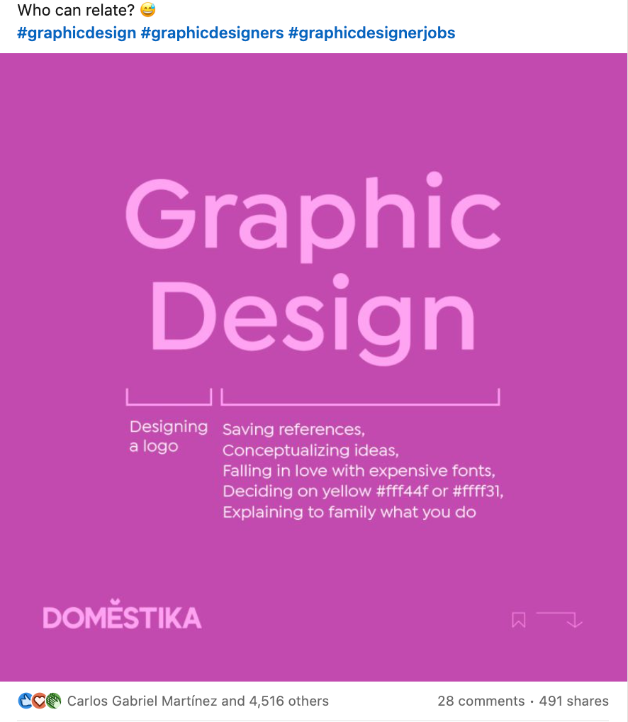 This was a LinkedIn post aimed at creating a sense of community among creatives. After brainstorming and researching similar concepts on social media, I decided to use this format. I then asked in-house graphic designers to tell me what annoys them a