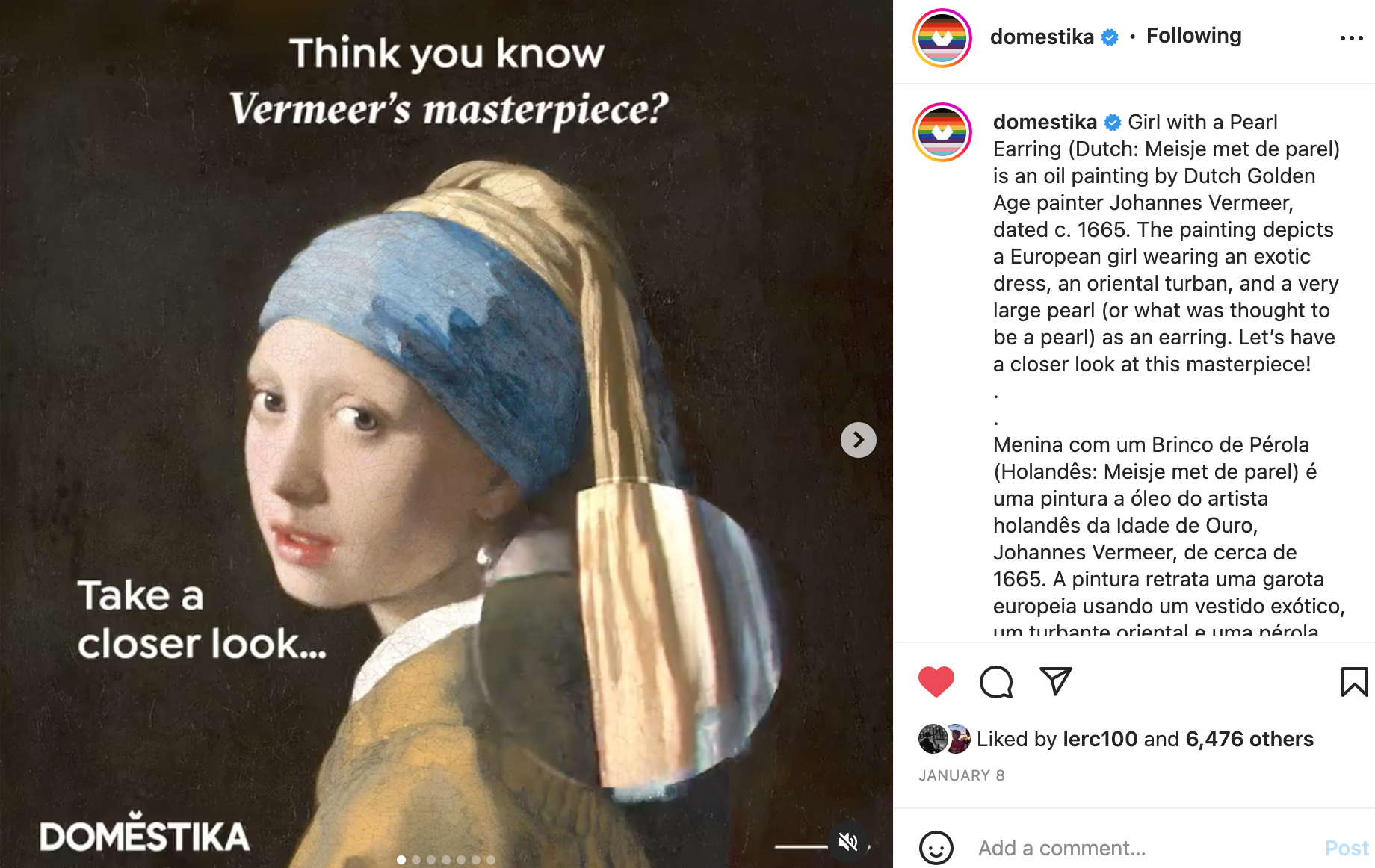 The brief was to make art approachable to the everyday creative learner. I proposed, researched and wrote a 7-part Instagram carousel exposing interesting facts and techniques in Vermeer’s The Girl with a Pearl Earring. Importantly, I proposed a famo