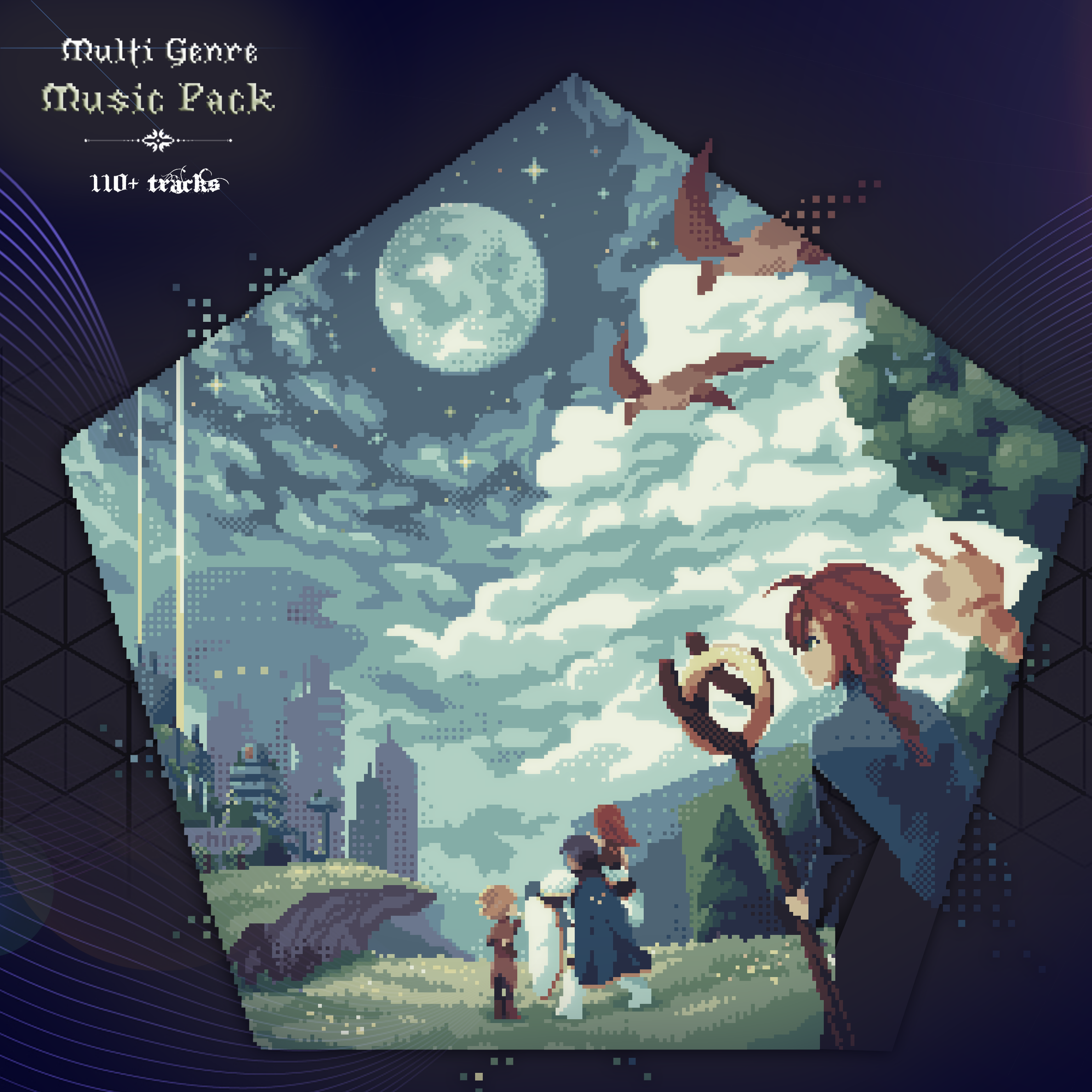 Pixel art of a large, stone mountain with a full moon and stars in the sky, surrounded by trees and two children standing in front, one pointing towards the mountain.
