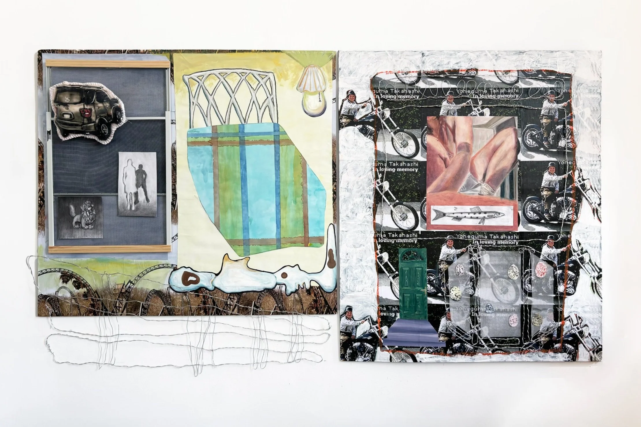 Mechanisms of a Nest, 2025, Oil Pastel, charcoal, watercolor on paper, collaged with inkjet print, wire, and sculpting mesh, window screen, image transfer on canvas, embroidery ribbon, oil paint, and acrylic paint on wood panel, 76"x 46", Diptych