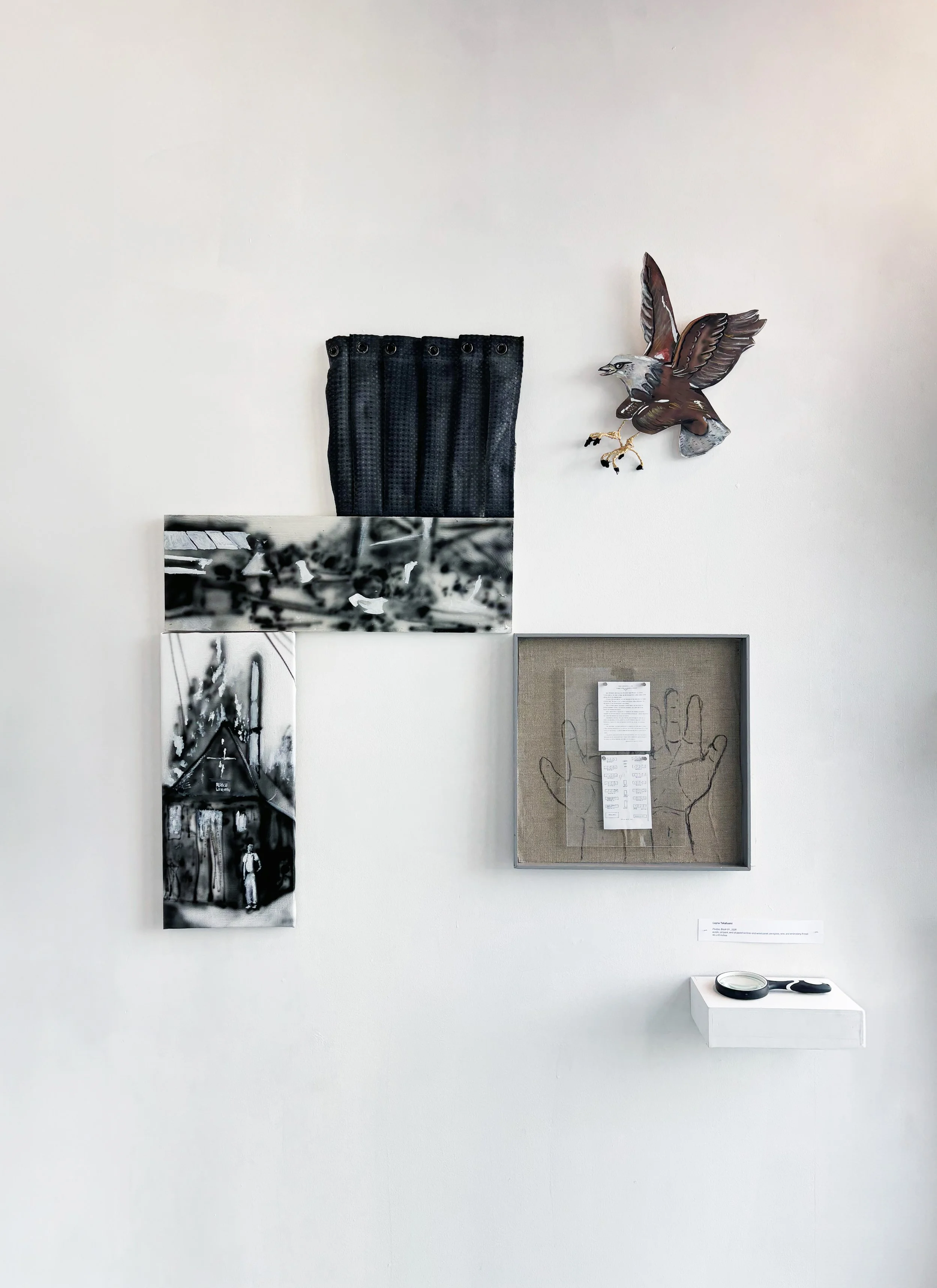 Poston, Block 21, 2026, Acrylic, oil paint, and oil pastel on linen and wood panel with plexiglass, wire, and embroidery thread, 44" x 39.5"