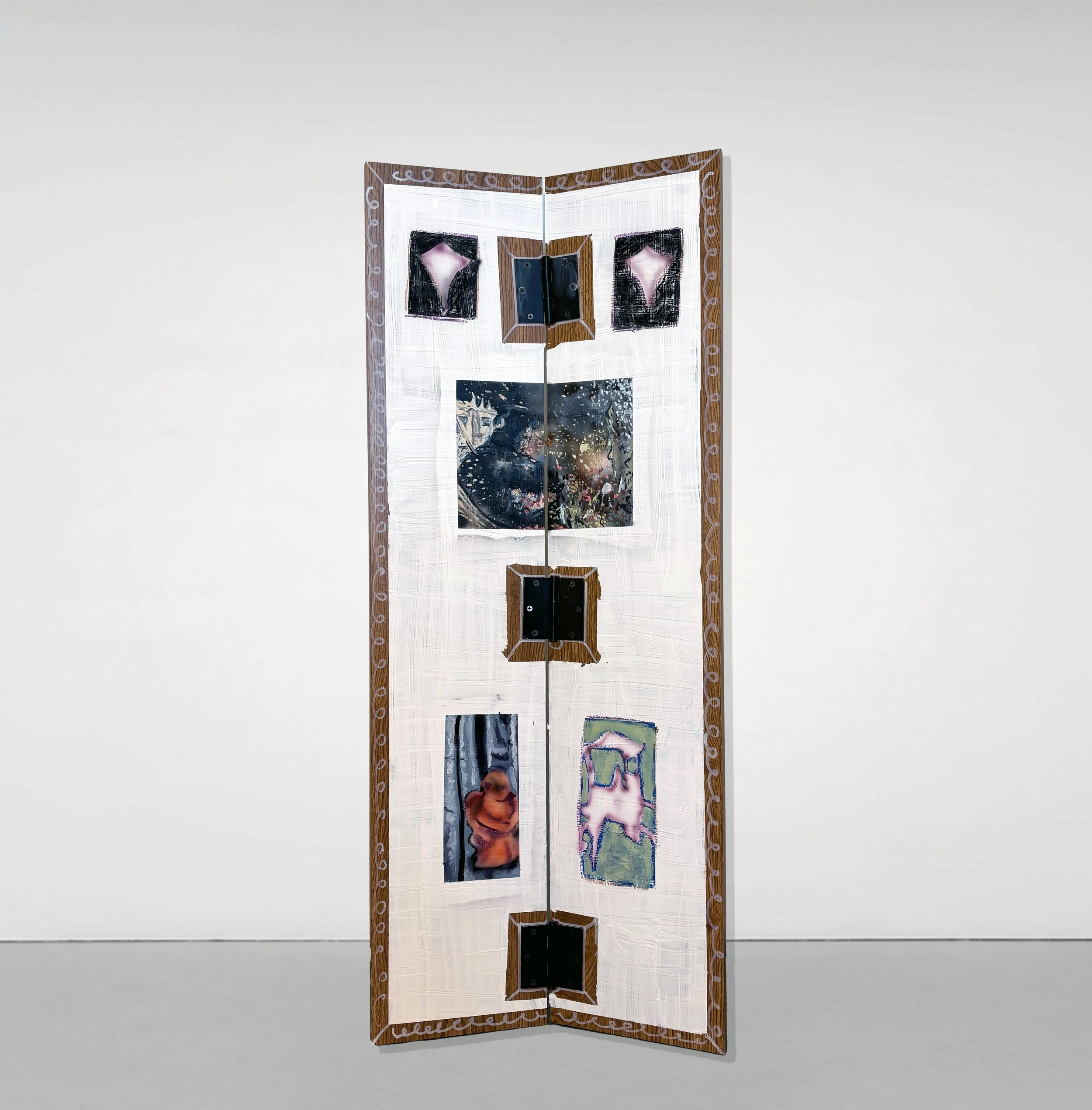 You Will Know Exactly What to Do, 2026, Acrylic airbrush, acrylic marker, oil paint, and oil pastel on wood panels with hinges, 48" x 20"