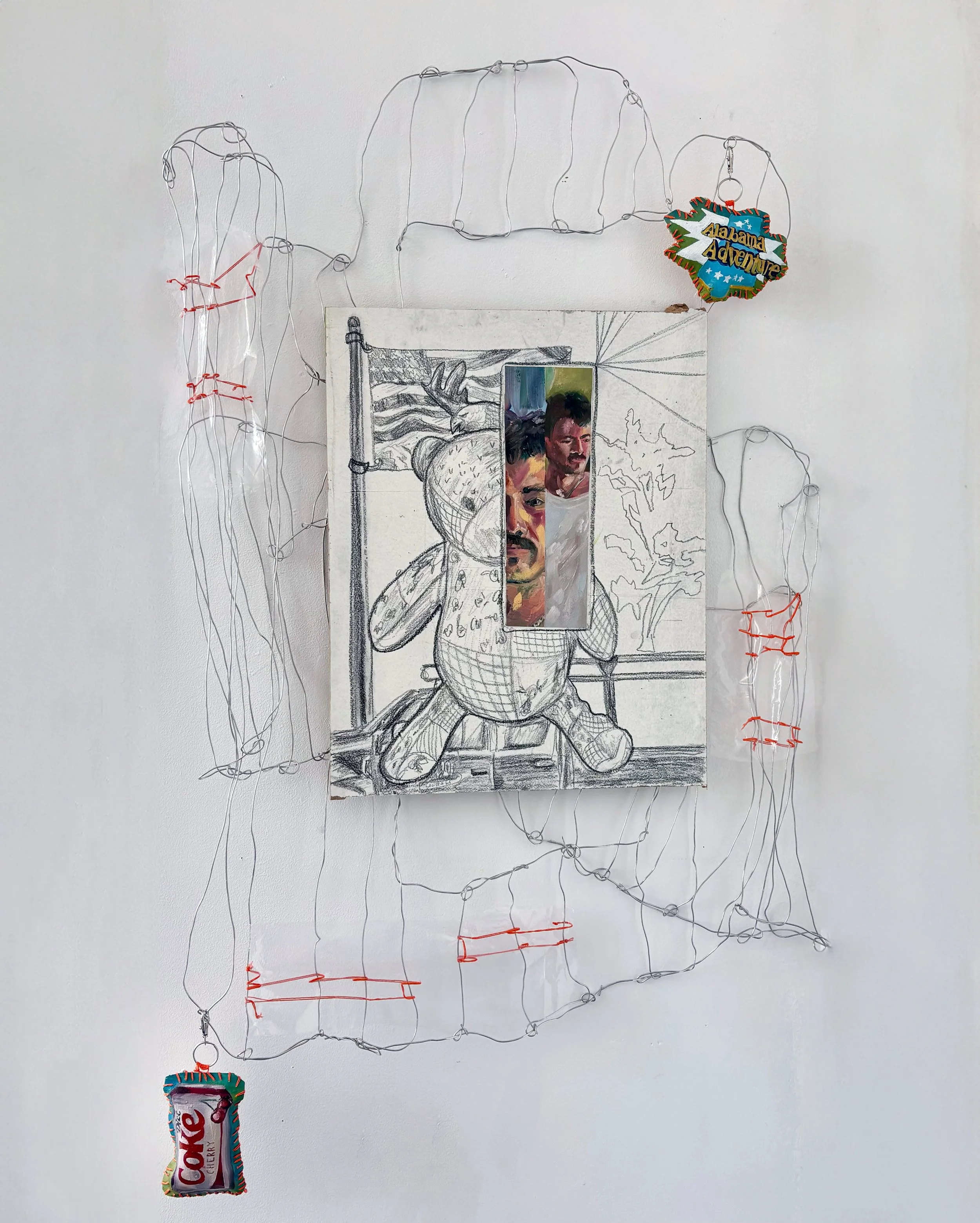 Pieces for President, 2025, Oil on canvas collaged with graphite on found object wood panel, embroidery thread, plastic, key rings, and metal wire, 42" x 34"