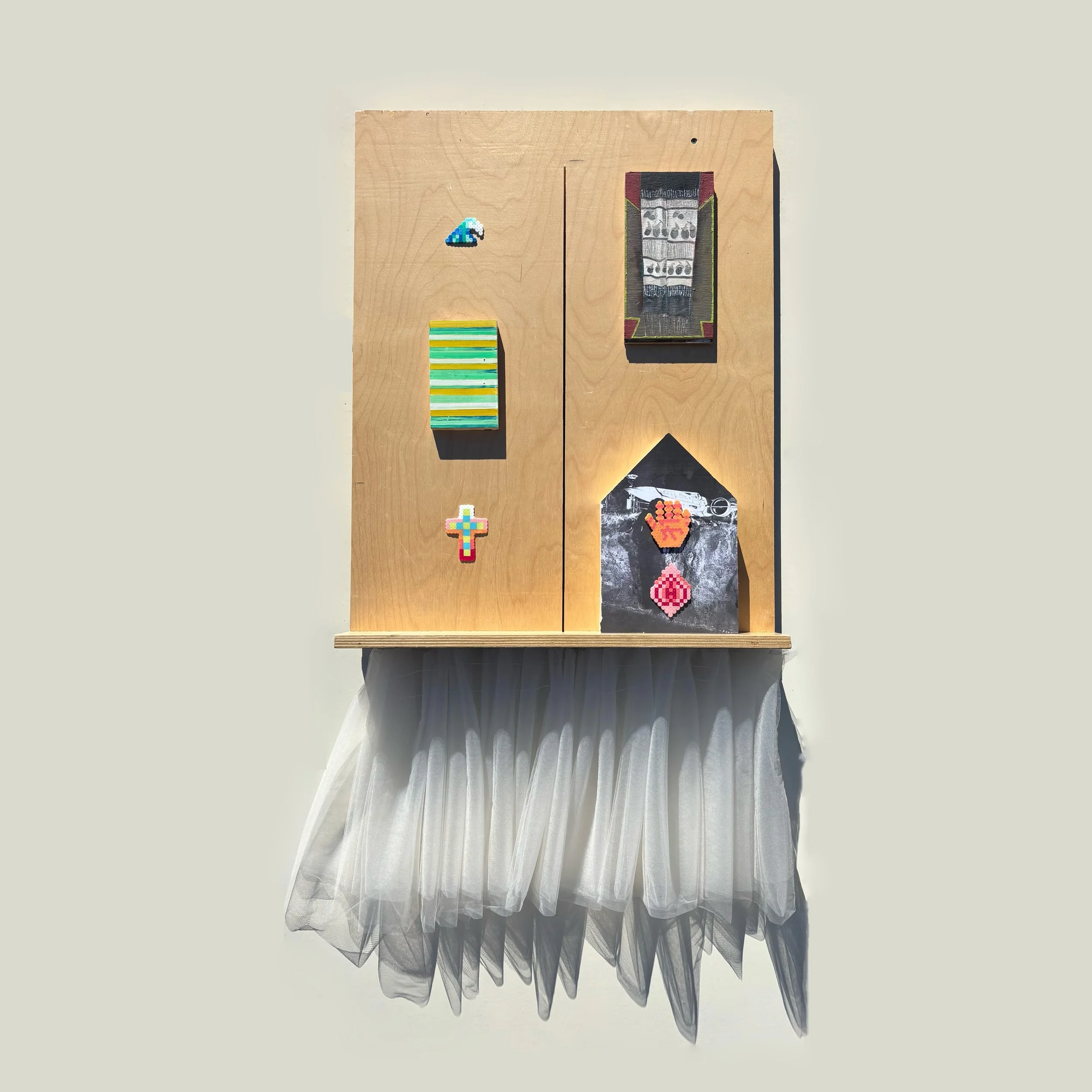 Altar, 2025, Oil paint on wood panel, inkjet print on wood panel, and Hama beads collaged on wood panel with tulle, 28" x 36"