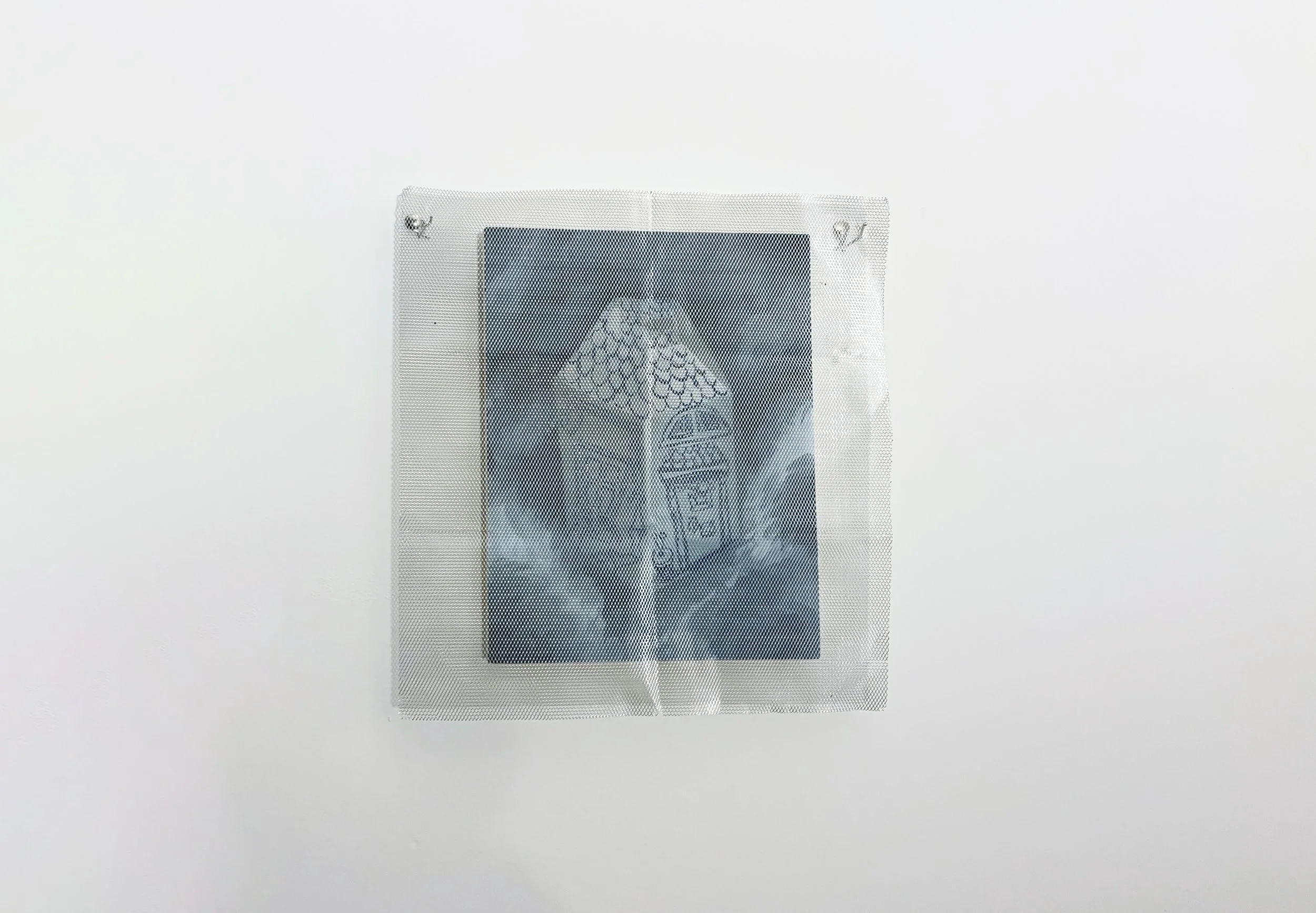 Cub Condo with Veil, 2026, Oil paint on wood panel with metal sculpting mesh, 8" x 10"